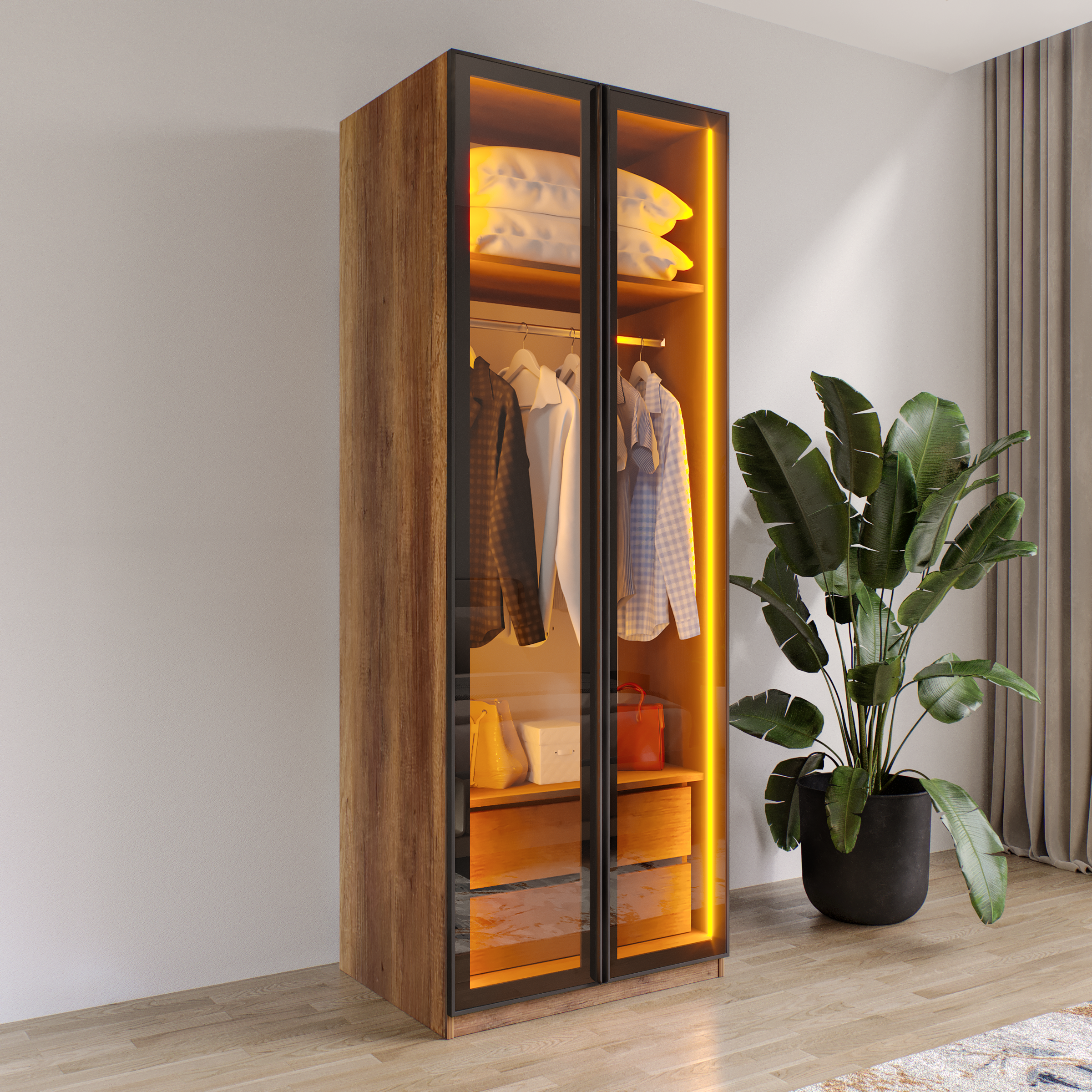 AURA 2 Füme Camlı Alimünyum Kapaklı 2 Çekmeceli Giyinme Dolabı Led Askılıklı Tamamı Mdf