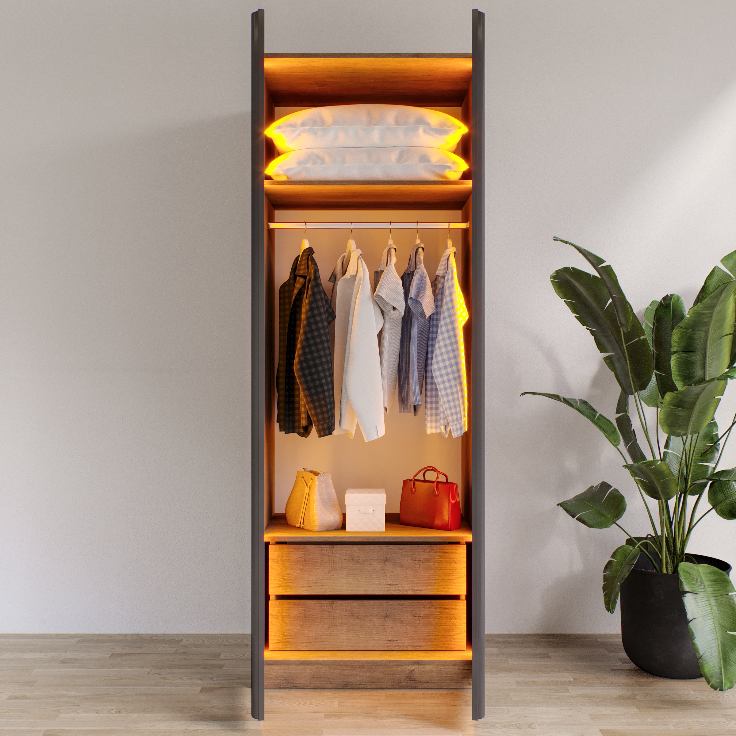 AURA 2 Füme Camlı Alimünyum Kapaklı 2 Çekmeceli Giyinme Dolabı Led Askılıklı Tamamı Mdf