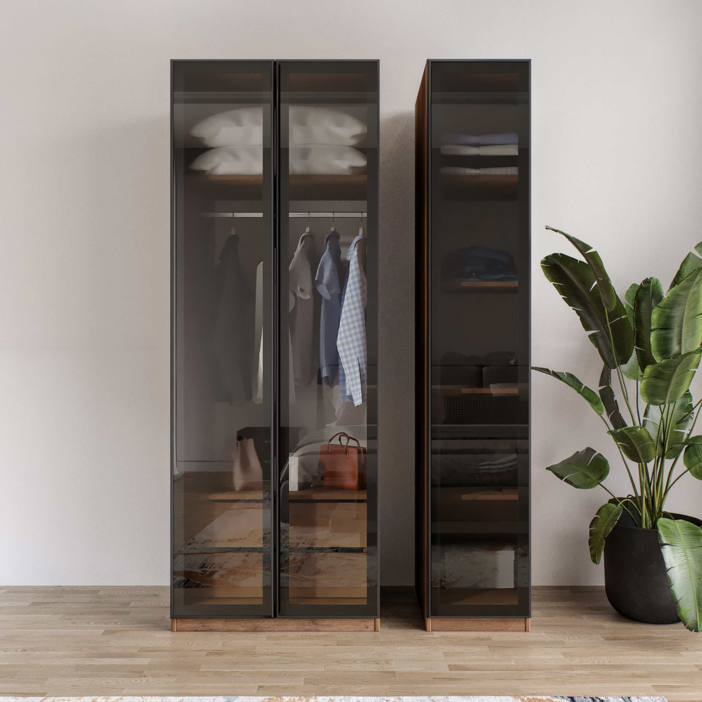 AURA 3 Füme Camlı Alimünyum Kapaklı 2 Çekmeceli Giyinme Dolabı Led Askılıklı Tamamı Mdf