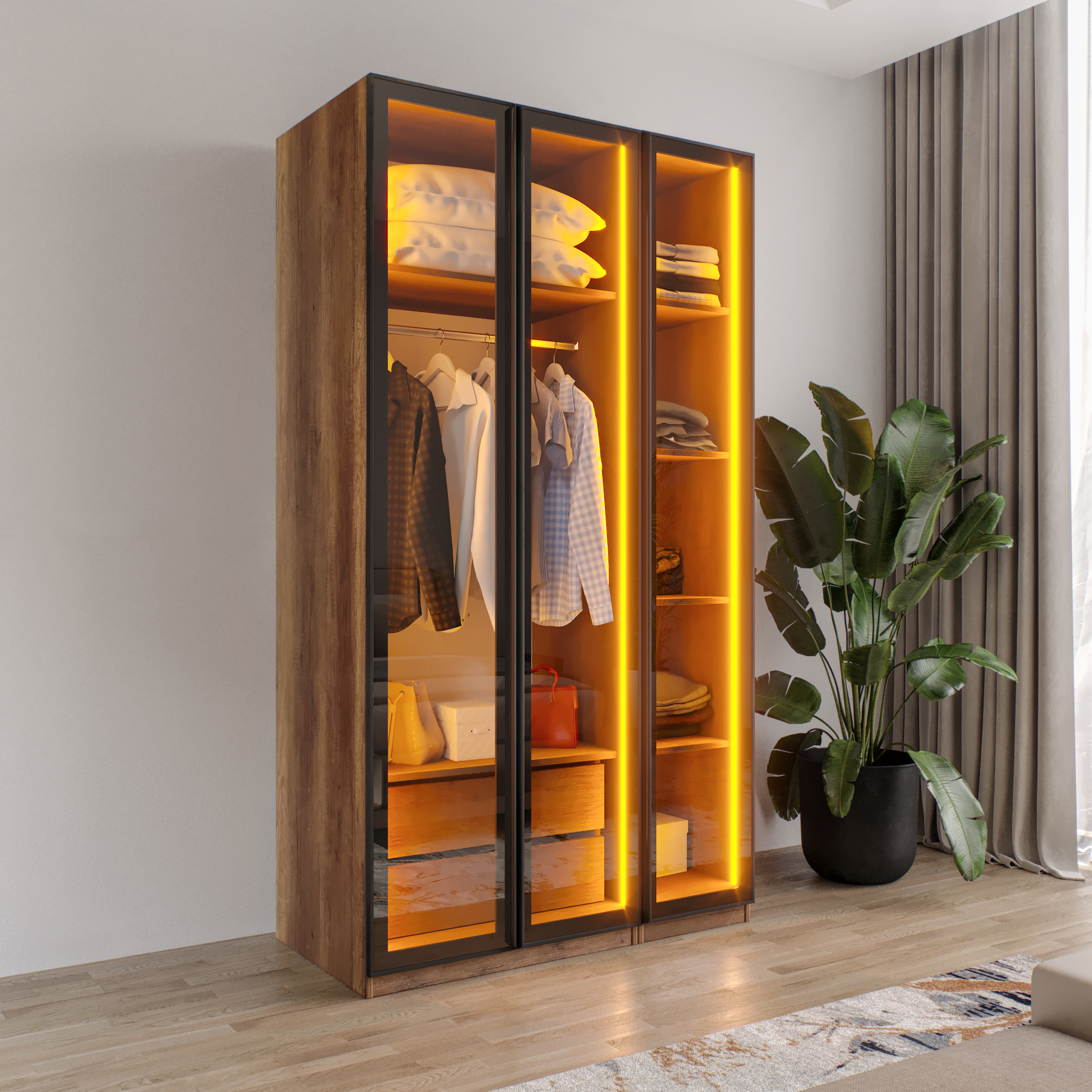AURA 3 Füme Camlı Alimünyum Kapaklı 2 Çekmeceli Giyinme Dolabı Led Askılıklı Tamamı Mdf