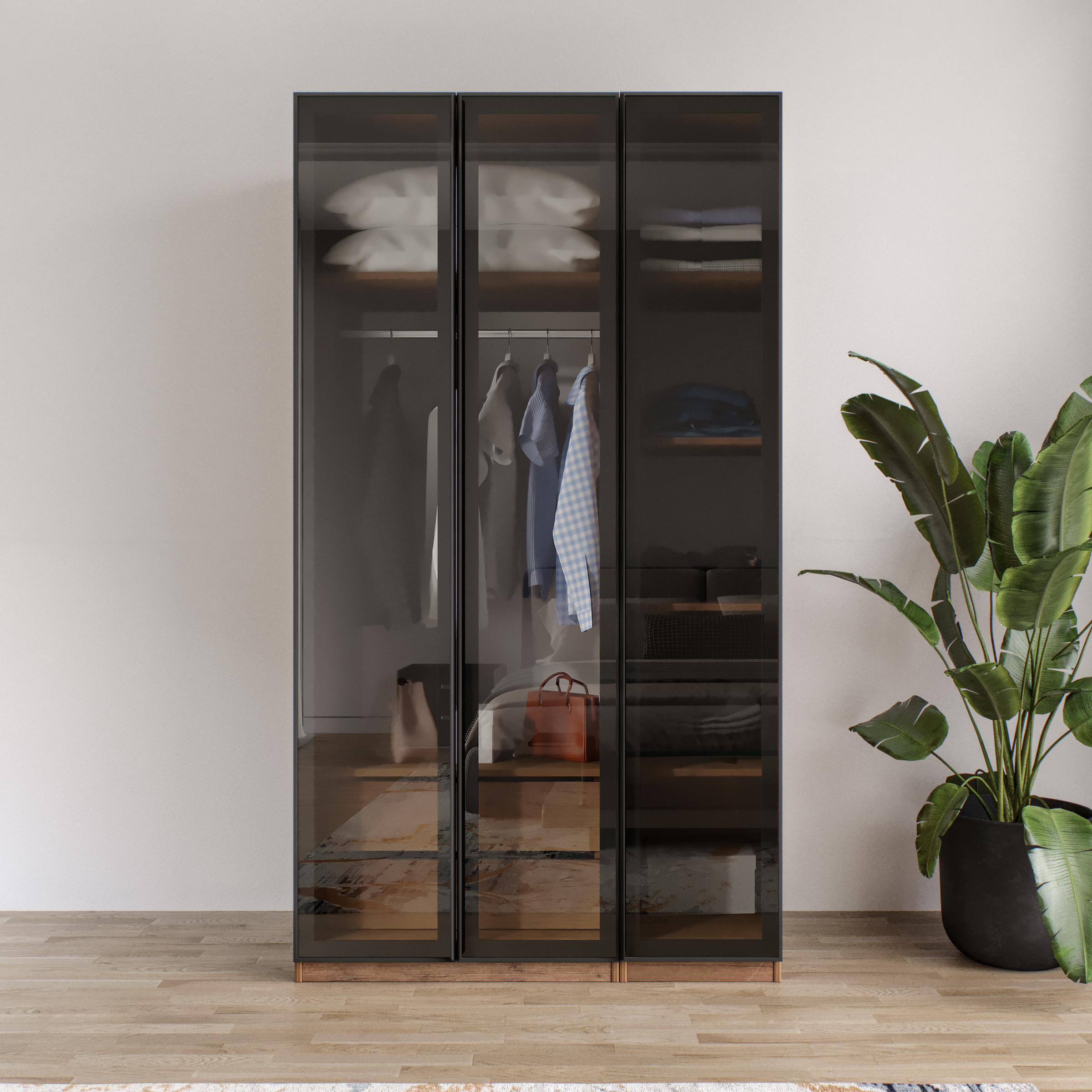 AURA 3 Füme Camlı Alimünyum Kapaklı 2 Çekmeceli Giyinme Dolabı Led Askılıklı Tamamı Mdf