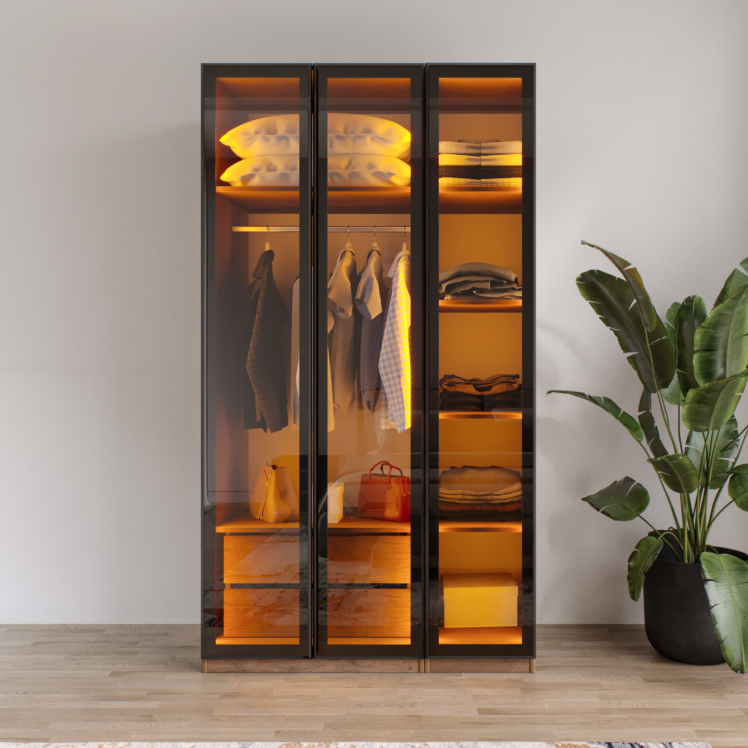 AURA 3 Füme Camlı Alimünyum Kapaklı 2 Çekmeceli Giyinme Dolabı Led Askılıklı Tamamı Mdf