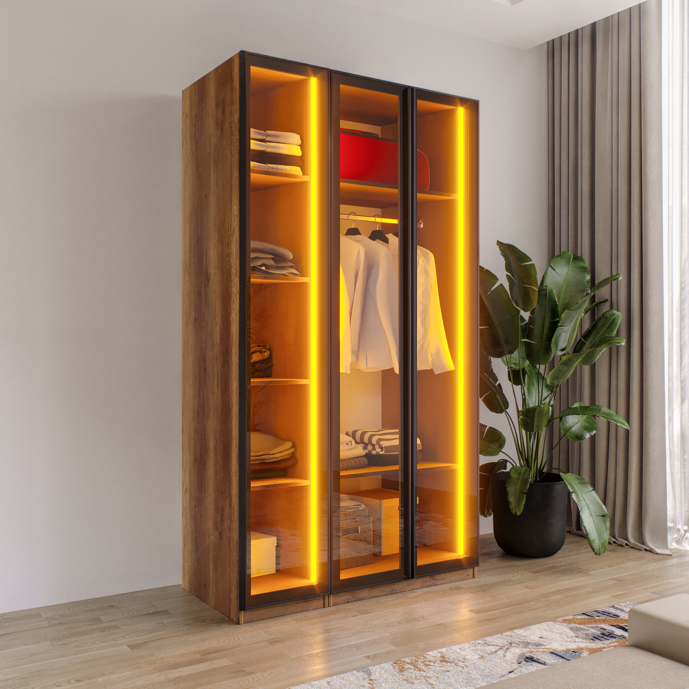 AURA 3 Füme Camlı Alimünyum Kapaklı Çekmecelsiz Giyinme Dolabı Led Askılıklı Tamamı Mdf 