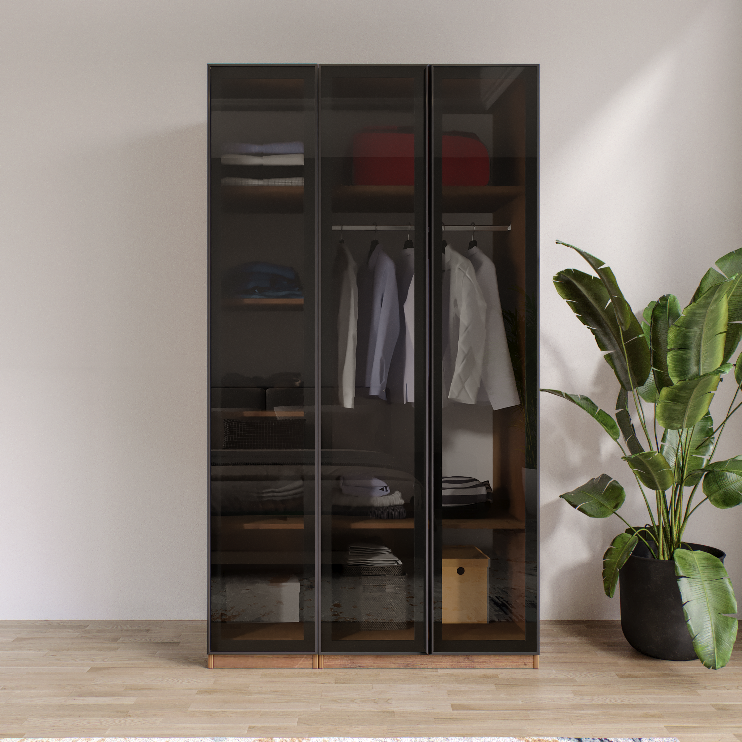 AURA 3 Füme Camlı Alimünyum Kapaklı Çekmecelsiz Giyinme Dolabı Led Askılıklı Tamamı Mdf 
