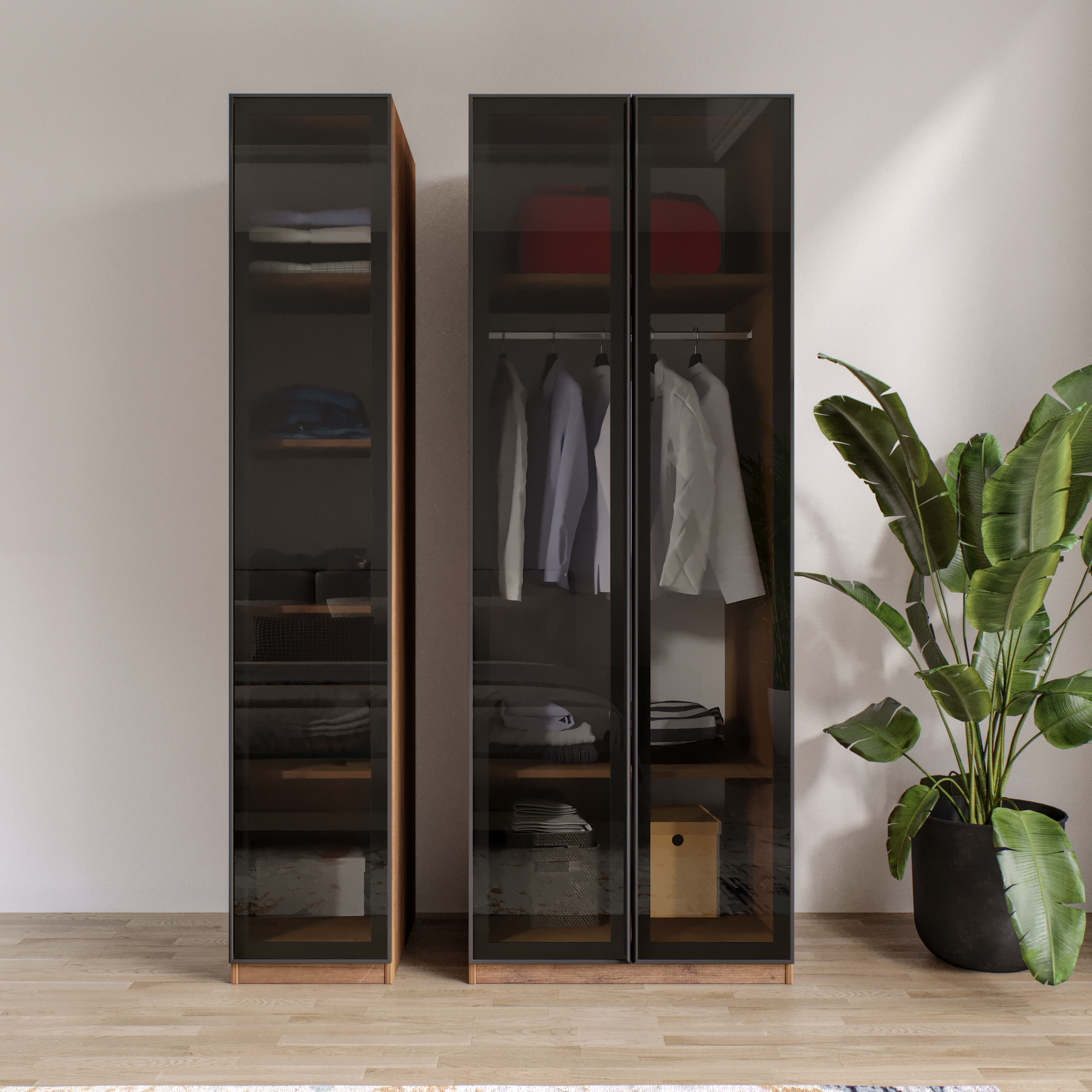 AURA 3 Füme Camlı Alimünyum Kapaklı Çekmecelsiz Giyinme Dolabı Led Askılıklı Tamamı Mdf 