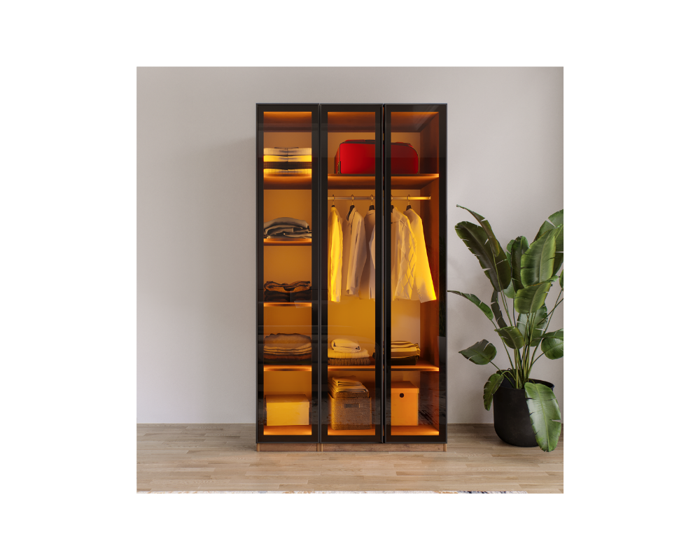 AURA 3 Füme Camlı Alimünyum Kapaklı Çekmecesiz Giyinme Dolabı Led Askılıklı Tamamı Mdf 