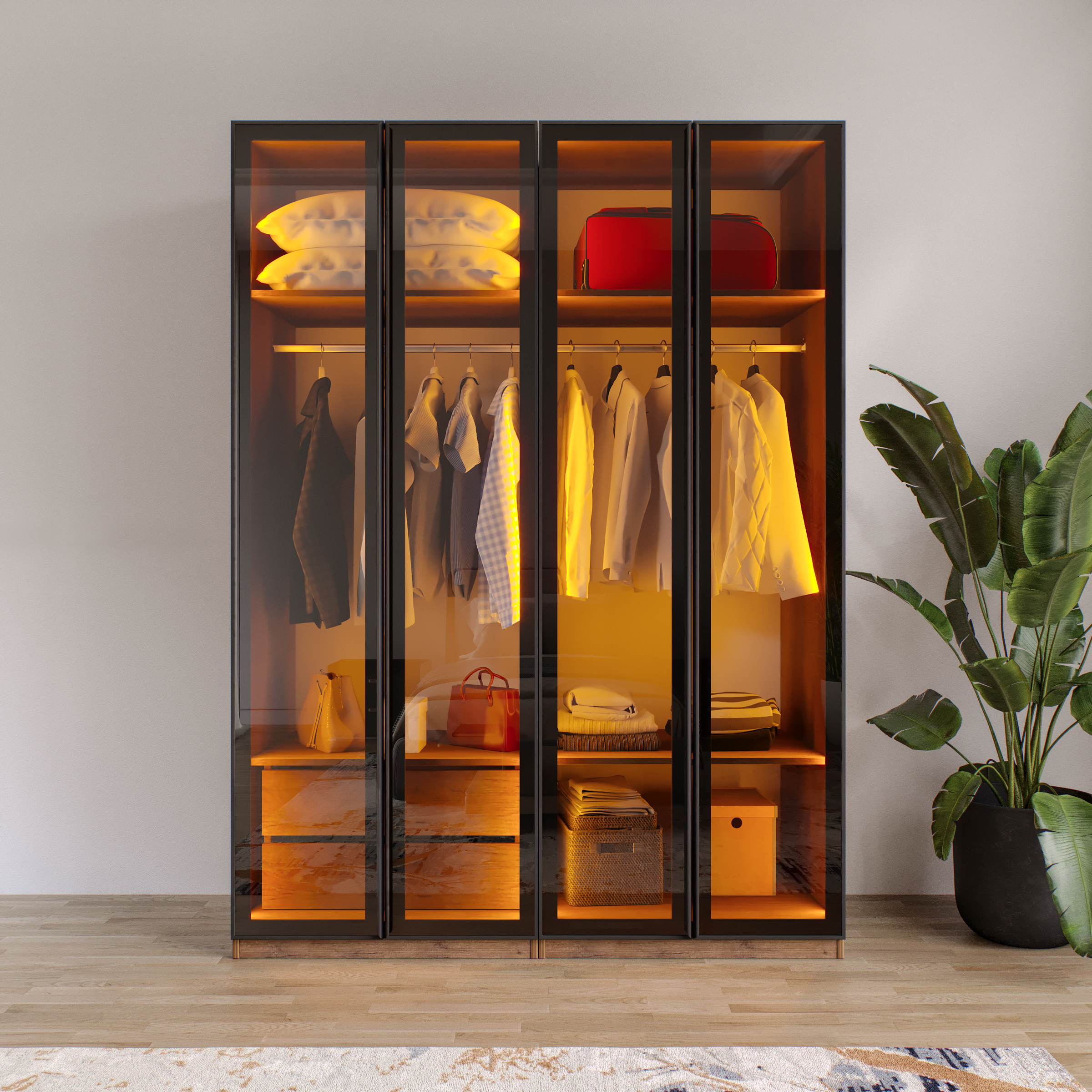 AURA 4 Füme Camlı Alimünyum Kapaklı 2 Çekmeceli Giyinme Dolabı Led Askılıklı Tamamı MdF