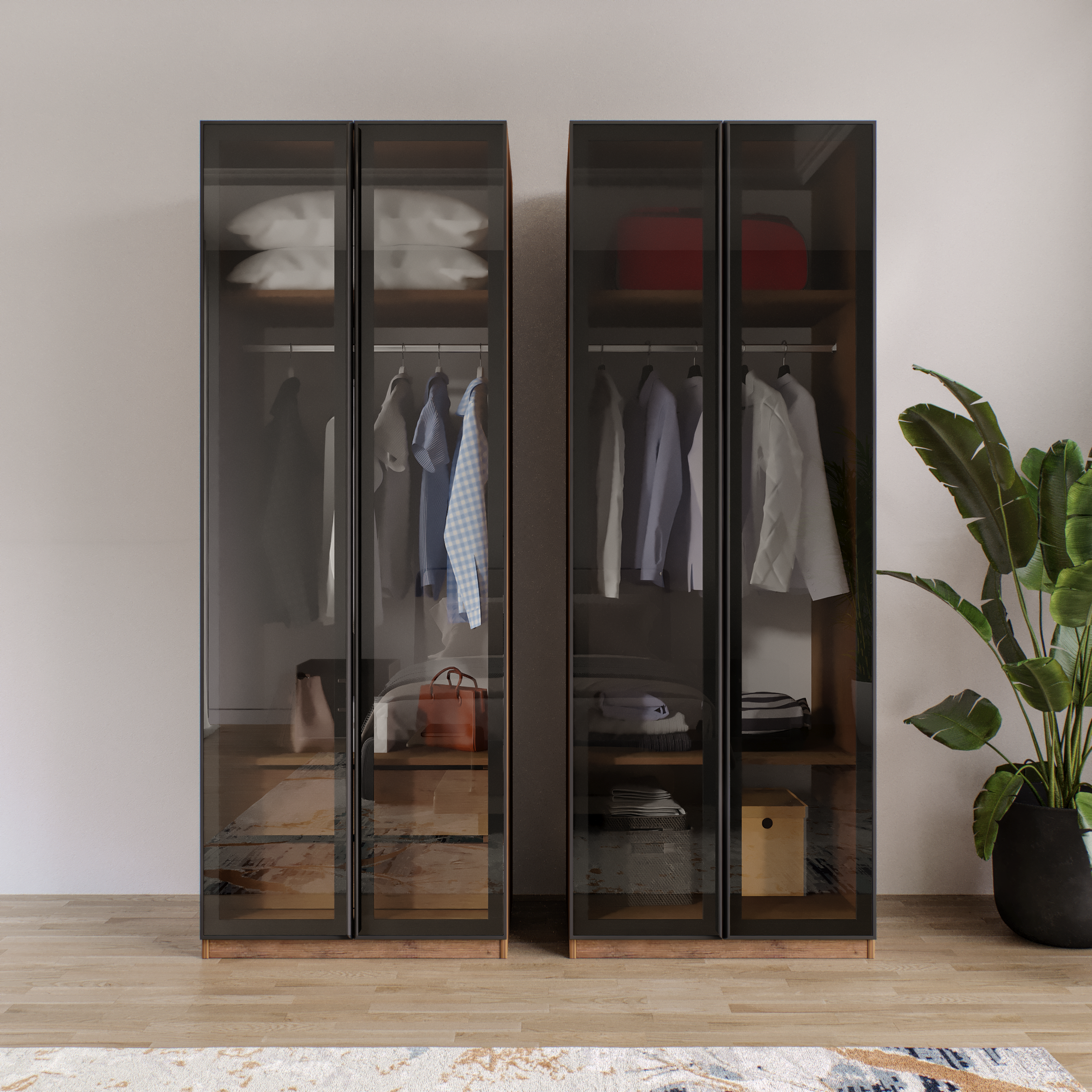 AURA 4 Füme Camlı Alimünyum Kapaklı 2 Çekmeceli Giyinme Dolabı Led Askılıklı Tamamı MdF