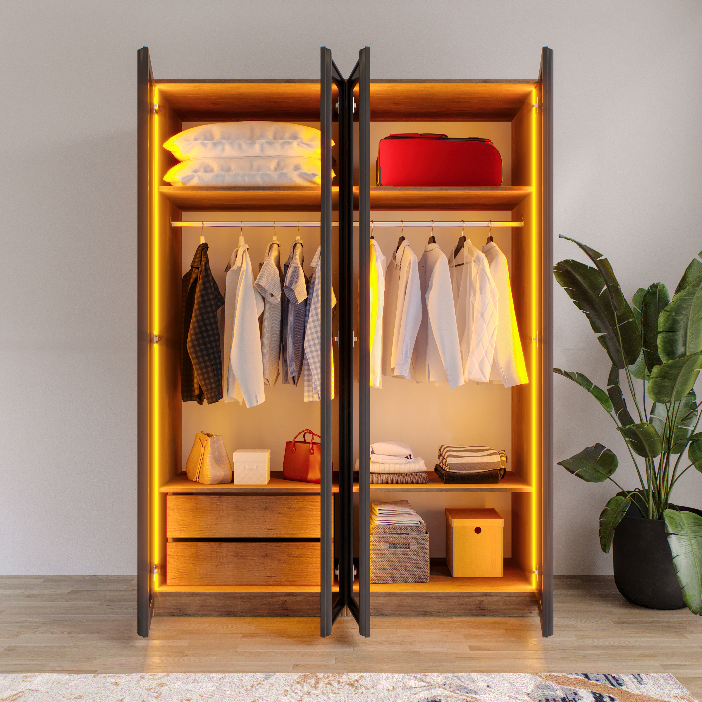 AURA 4 Füme Camlı Alimünyum Kapaklı 2 Çekmeceli Giyinme Dolabı Led Askılıklı Tamamı MdF