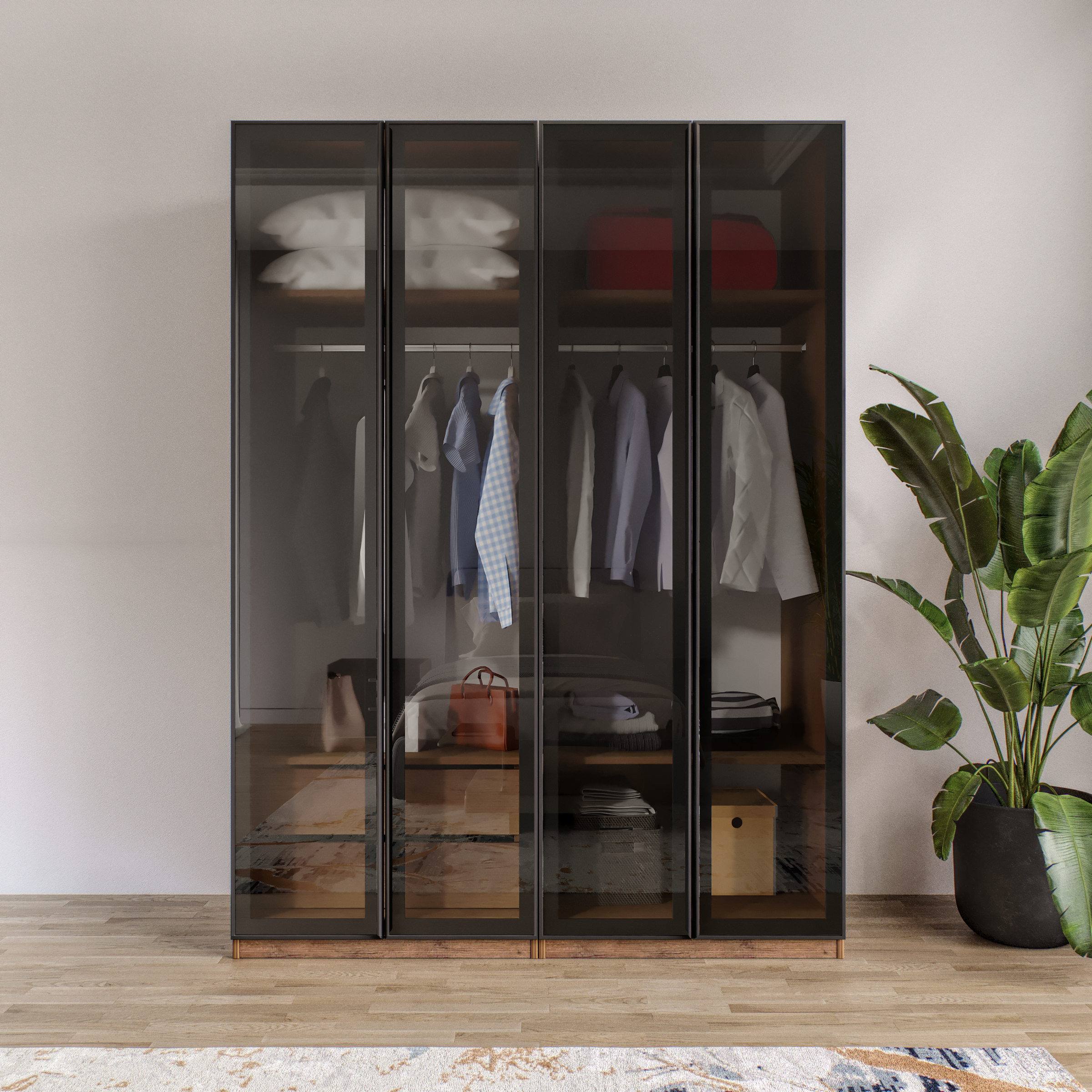 AURA 4 Füme Camlı Alimünyum Kapaklı 2 Çekmeceli Giyinme Dolabı Led Askılıklı Tamamı MdF