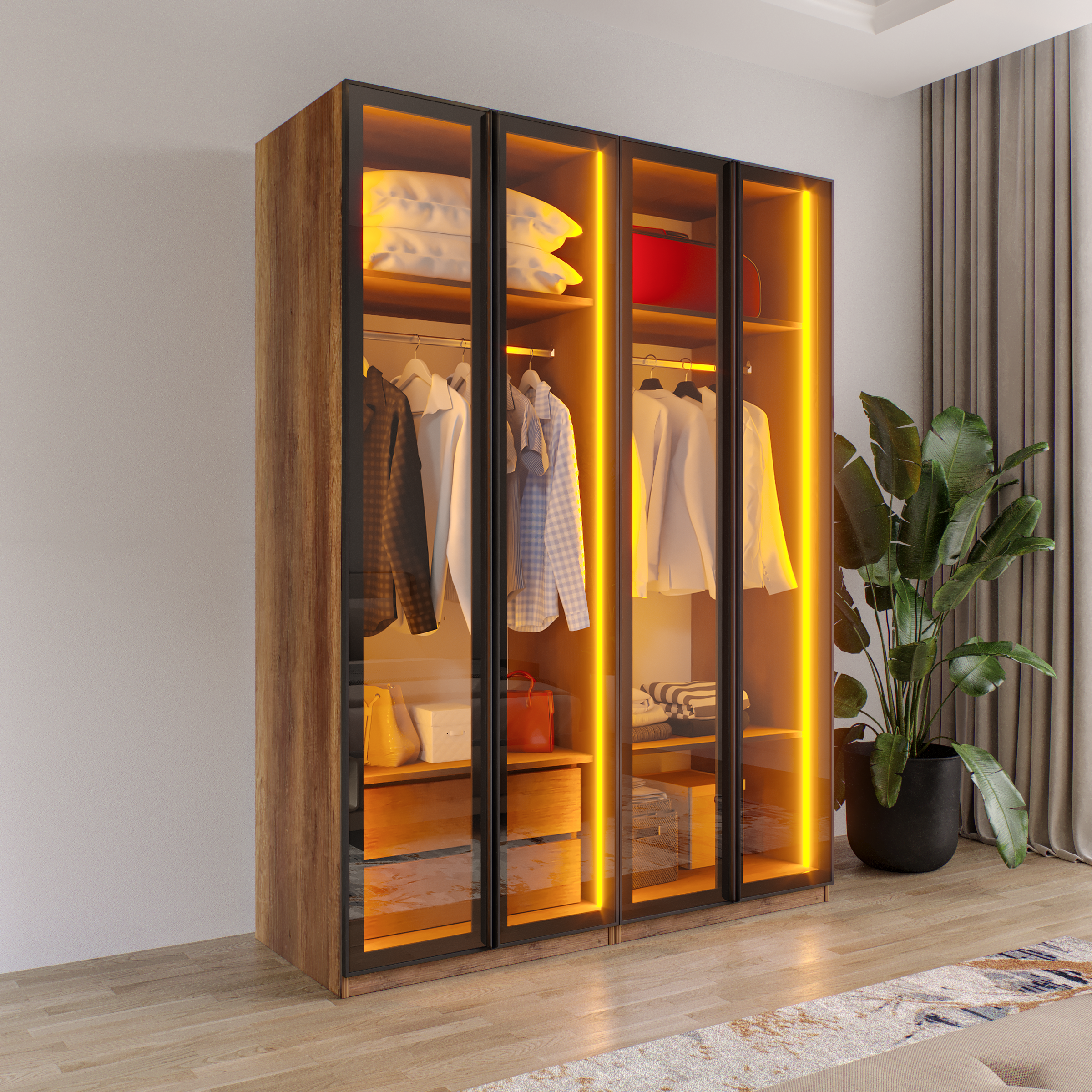 AURA 4 Füme Camlı Alimünyum Kapaklı 2 Çekmeceli Giyinme Dolabı Led Askılıklı Tamamı MdF