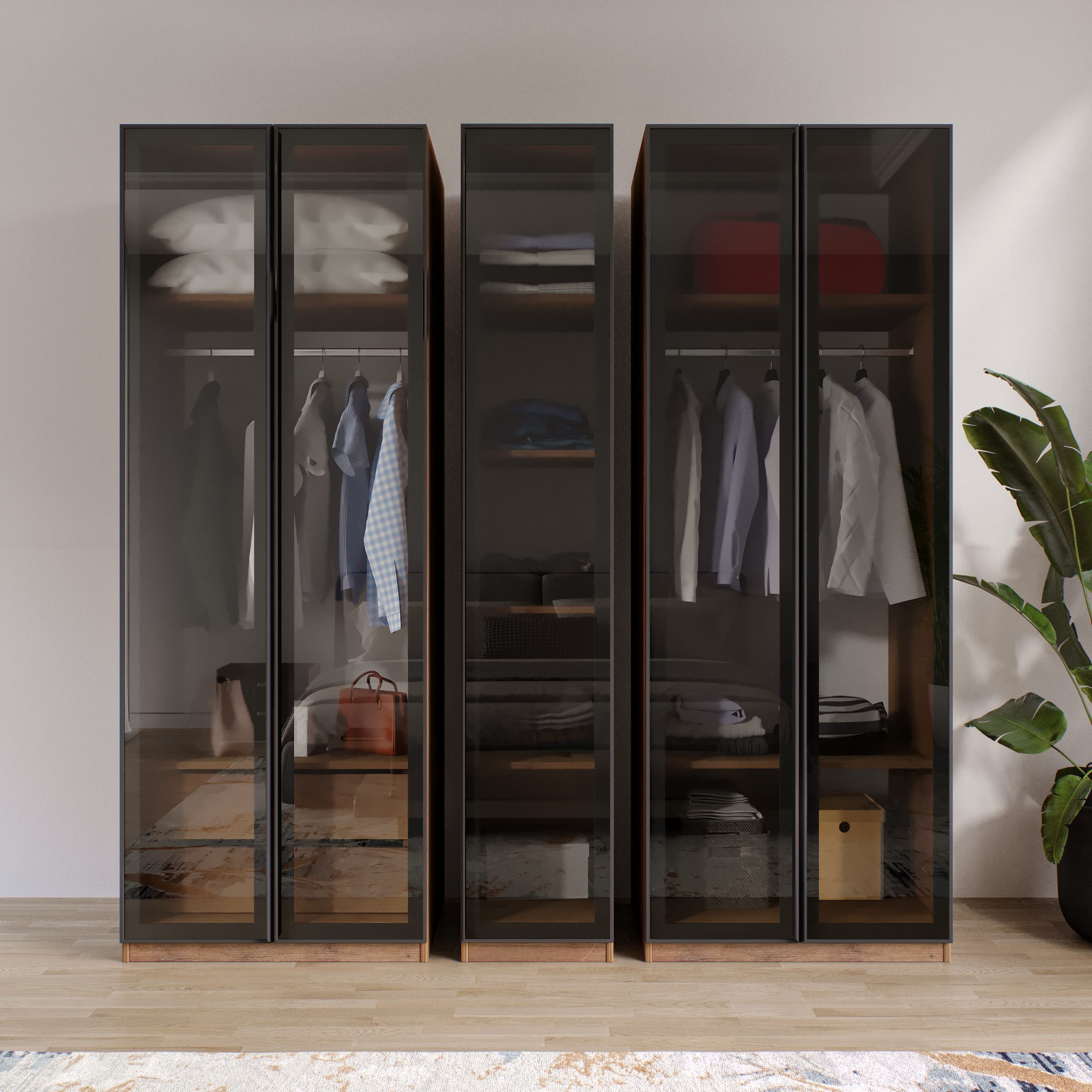 AURA 5 Füme Camlı Alimünyum Kapaklı 2 Çekmeceli Giyinme Dolabı Led Askılıklı Tamamı Mdf