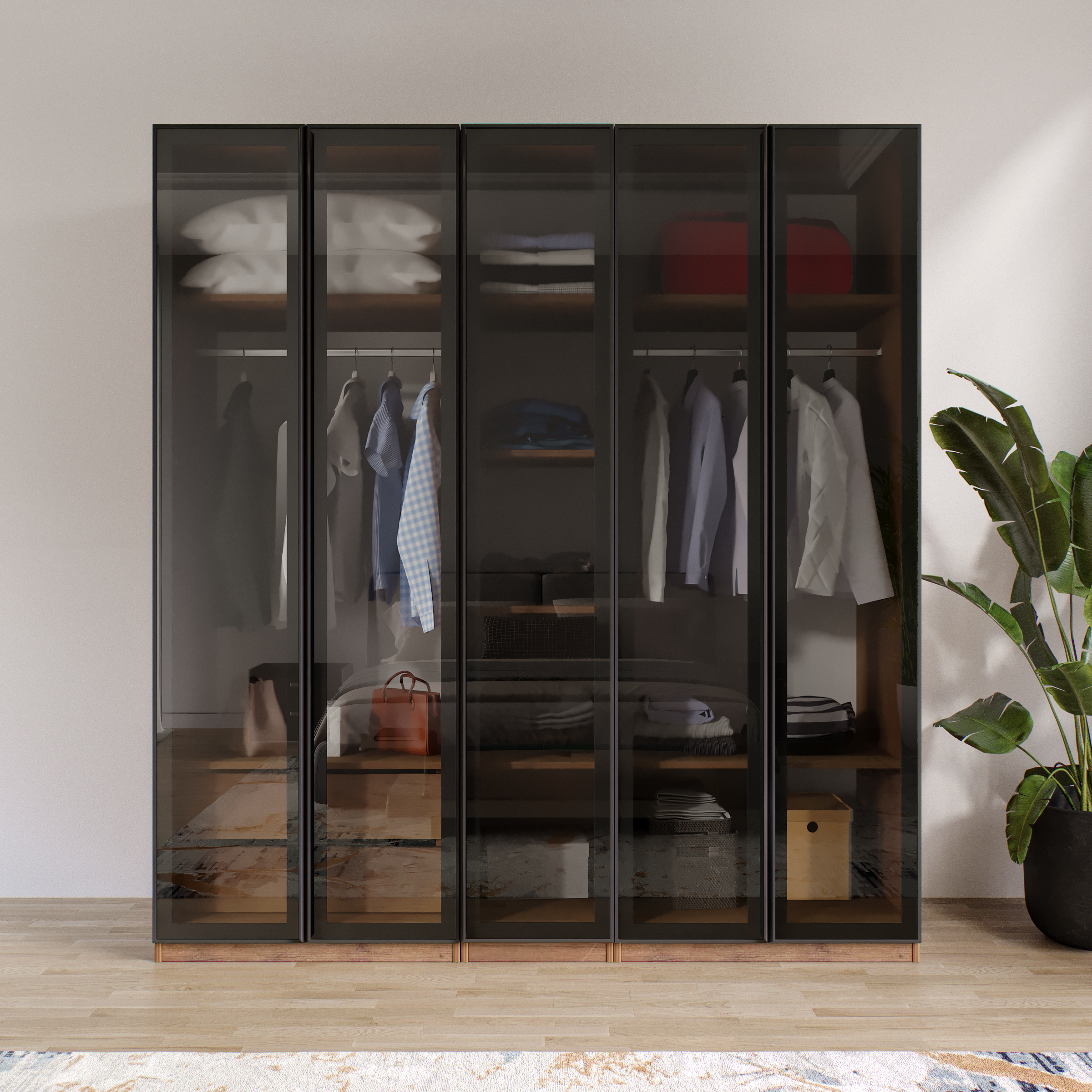 AURA 5 Füme Camlı Alimünyum Kapaklı 2 Çekmeceli Giyinme Dolabı Led Askılıklı Tamamı Mdf