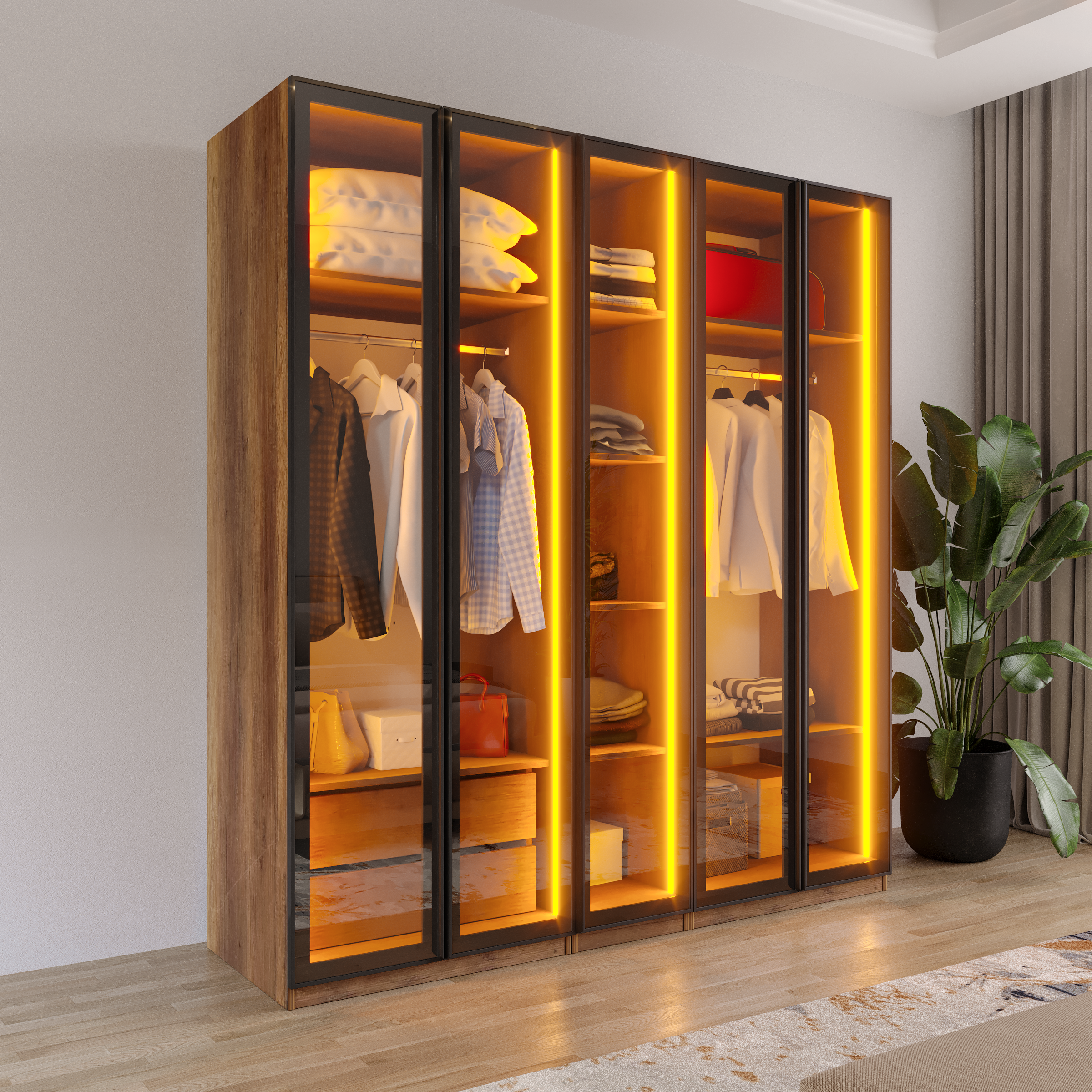 AURA 5 Füme Camlı Alimünyum Kapaklı 2 Çekmeceli Giyinme Dolabı Led Askılıklı Tamamı Mdf