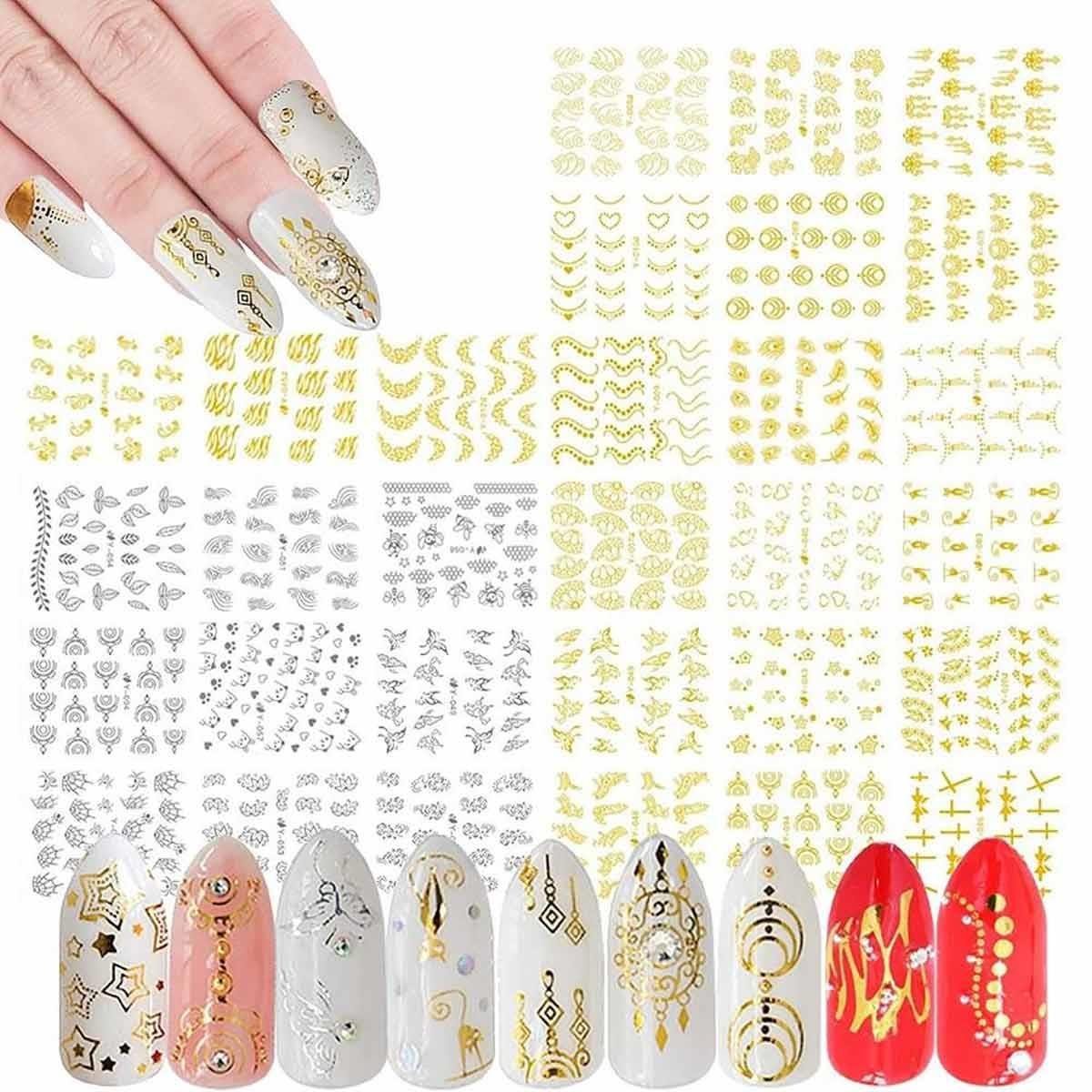 Adanil 30'lu Sticker Set Altın ve Gümüş Renk Nokta Çizgi Desen Nail Art Sticker Set - ADANİL-30-LU-STICKER-SET