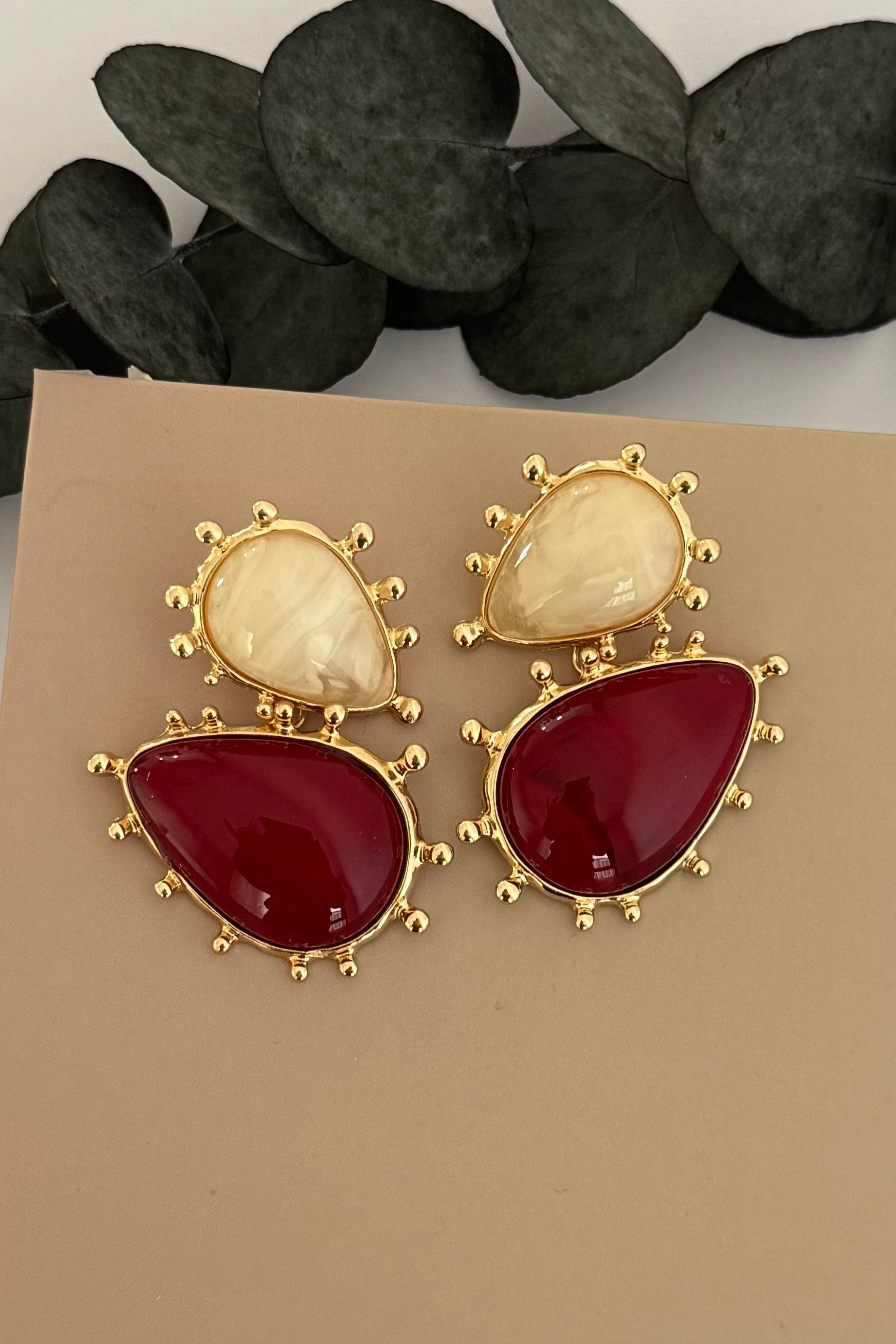 Aurel Gold Krem Bordo Küpe