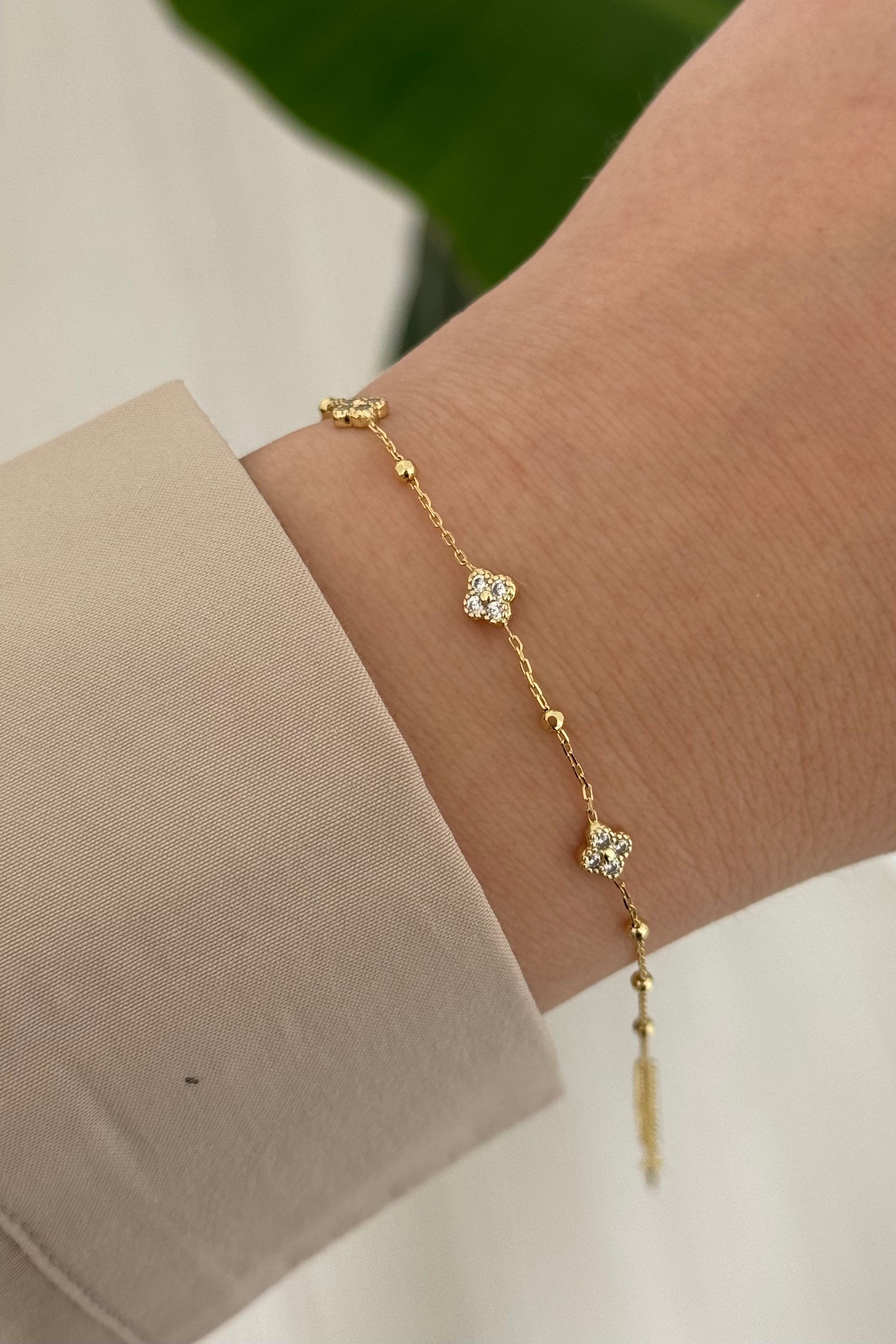 Mini Yonca Taşlı Gold Bileklik