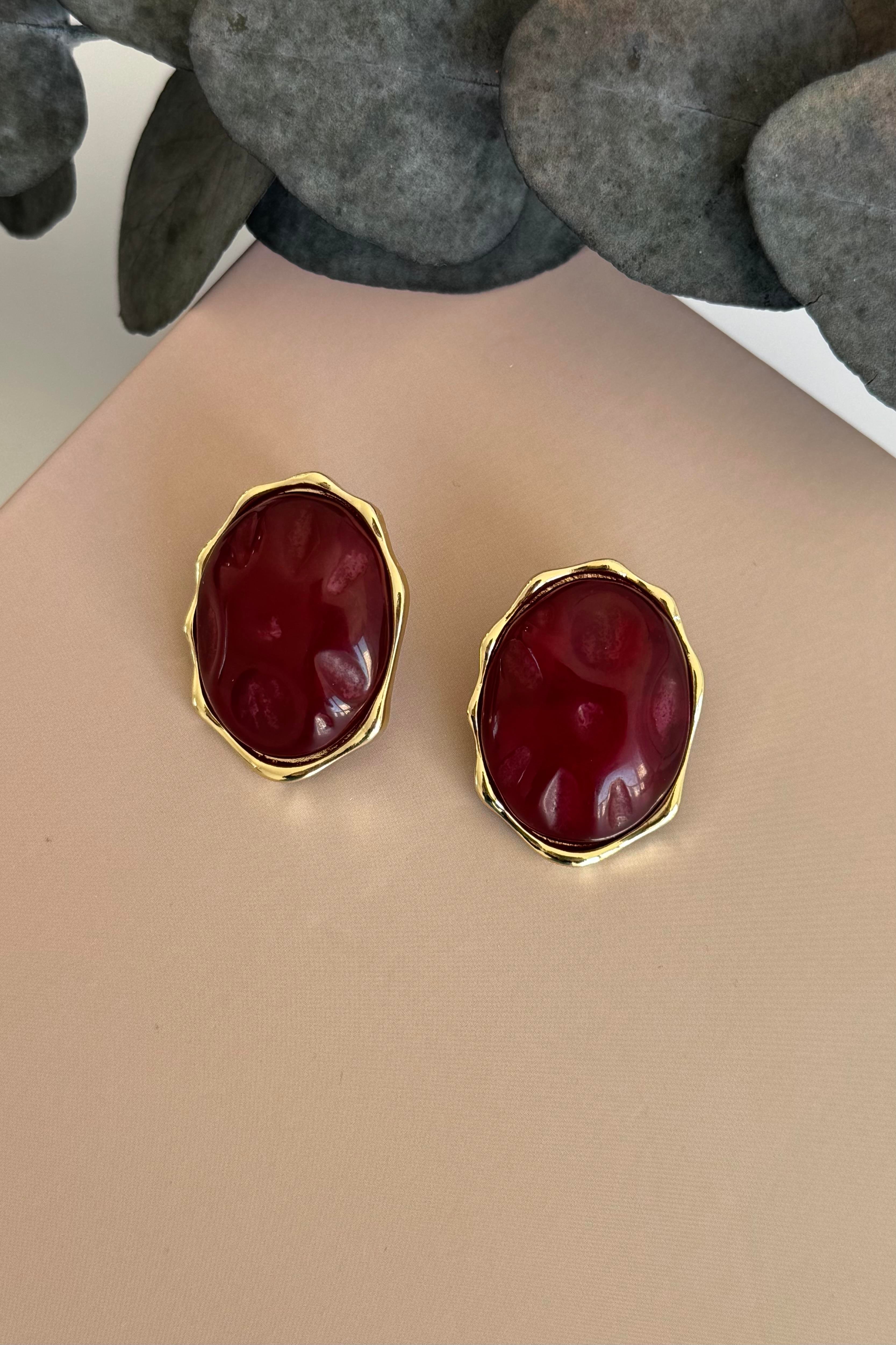 Oval Bordo Küpe