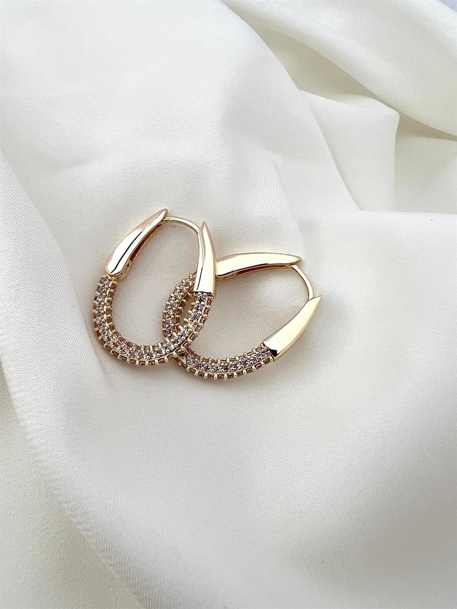 Oval Taşlı Halka Gold Küpe