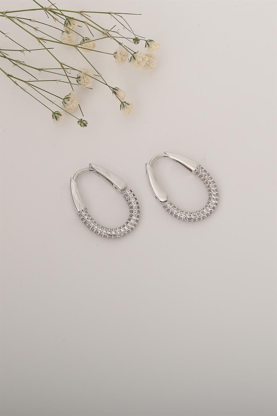 Oval Taşlı Mini Silver Küpe