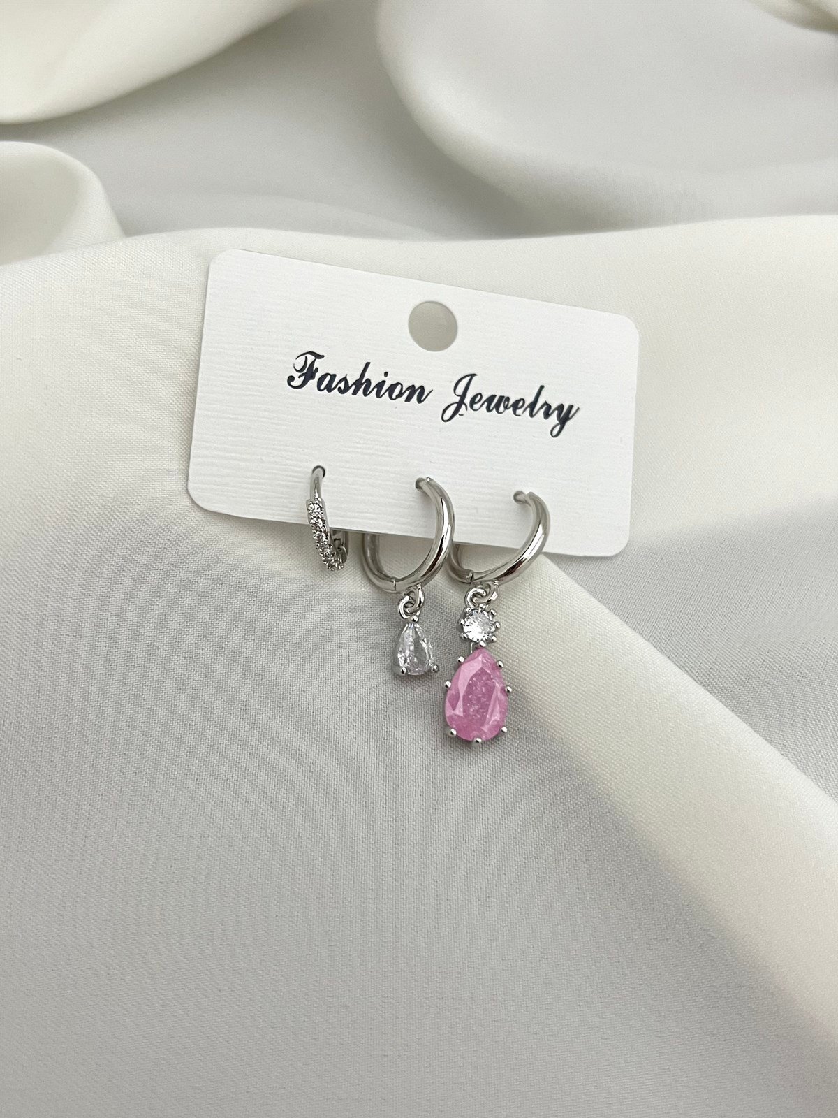 Pembe Taşlı 3'lü Silver Küpe