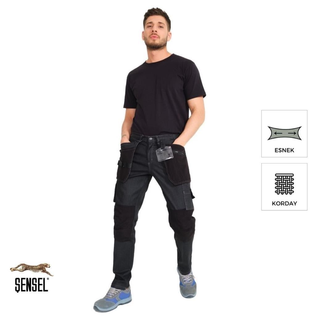 Şensel, Çok Cepli Kot İş Pantolonu, Gri-Siyah -54E6037- Esnek