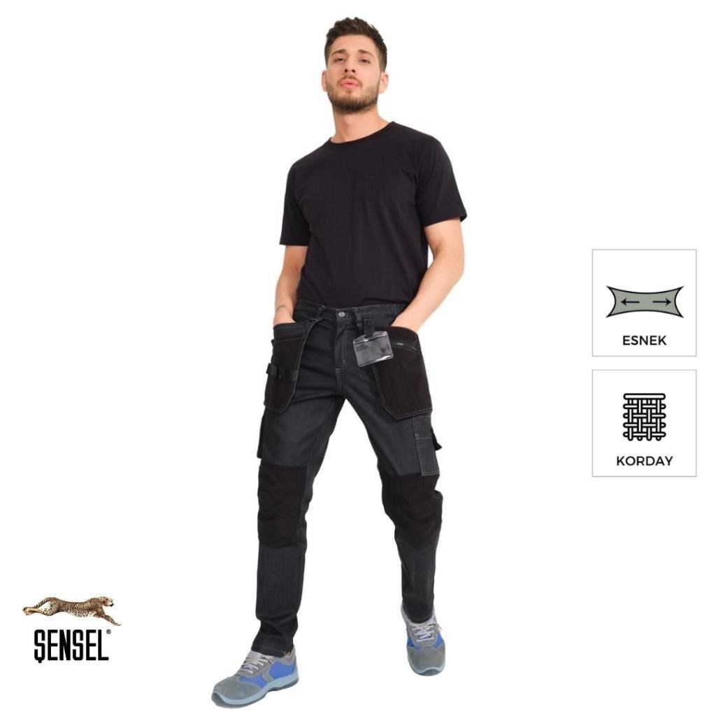 Şensel, Çok Cepli Kot İş Pantolonu, Gri-Siyah -54E6037- Esnek