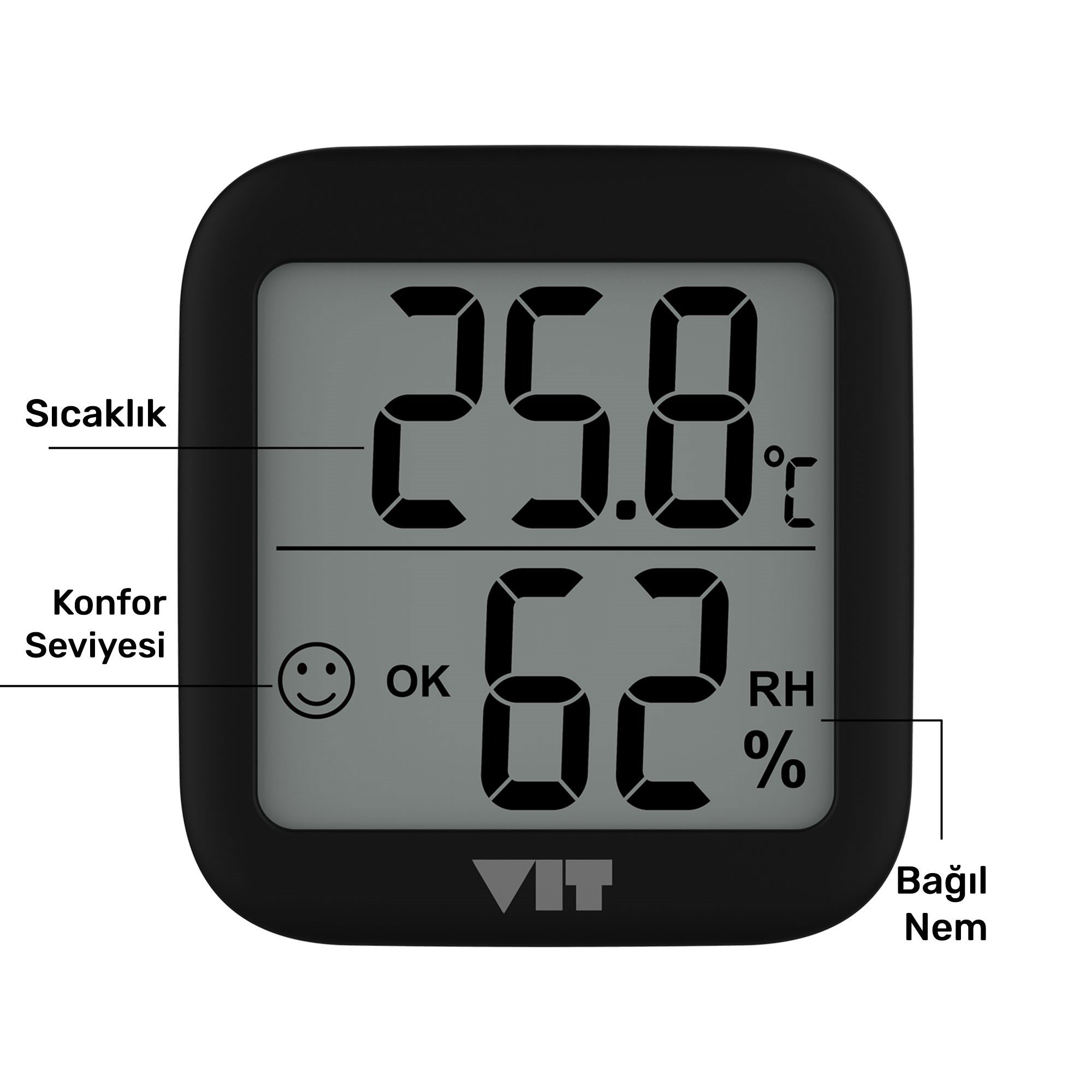VIT İç Mekan Dijital Isı ve Nem Ölçer Siyah Termometre BVT17 THERMOMETER Termometre VIT BVT17 Distribütör  VIT İç Mekan Dijital Isı ve Nem Ölçer Siyah Termometre BVT17 THERMOMETER