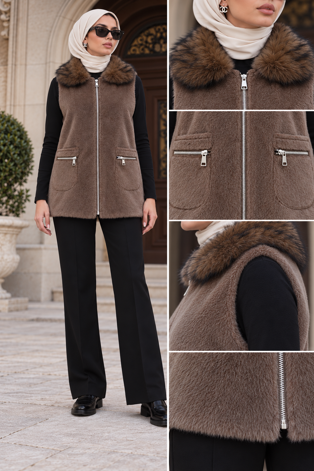 ANGORA CEPLİ YELEK-KAHVE