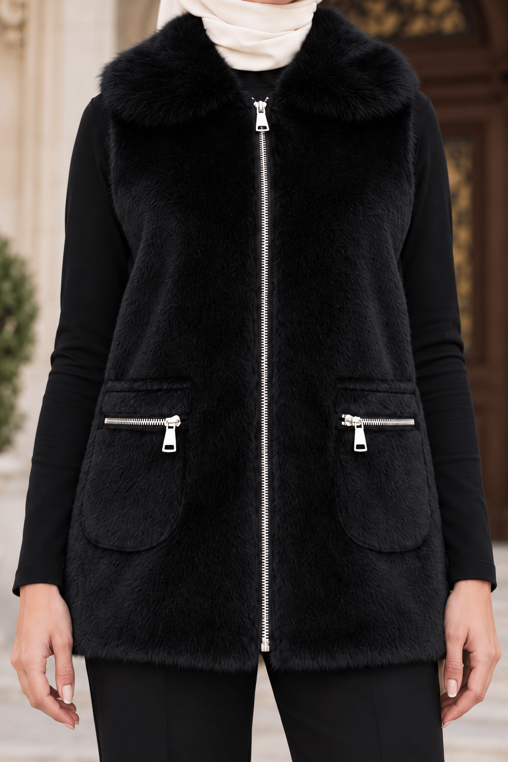 ANGORA CEPLİ YELEK-SİYAH