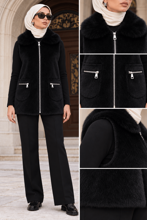 ANGORA CEPLİ YELEK-SİYAH
