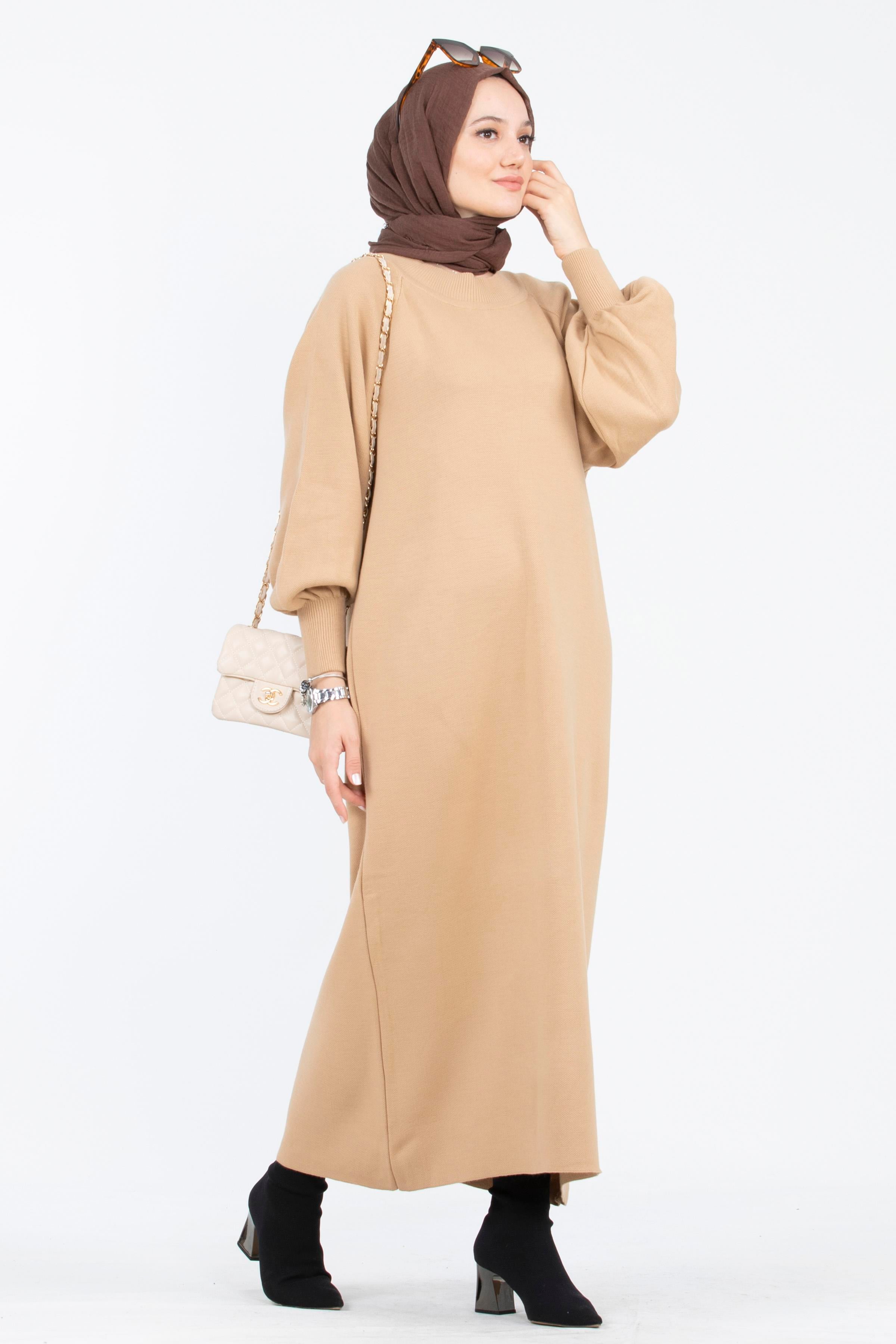 Balon kol Triko Elbise-camel