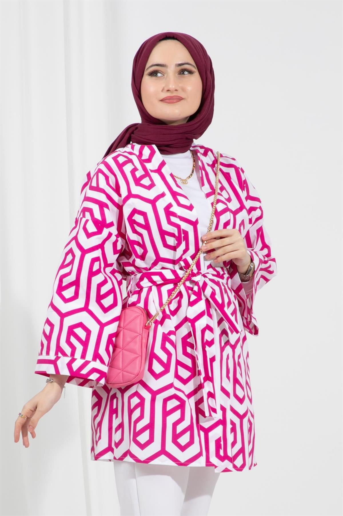 Belden Kemerli Kimono-fuşya