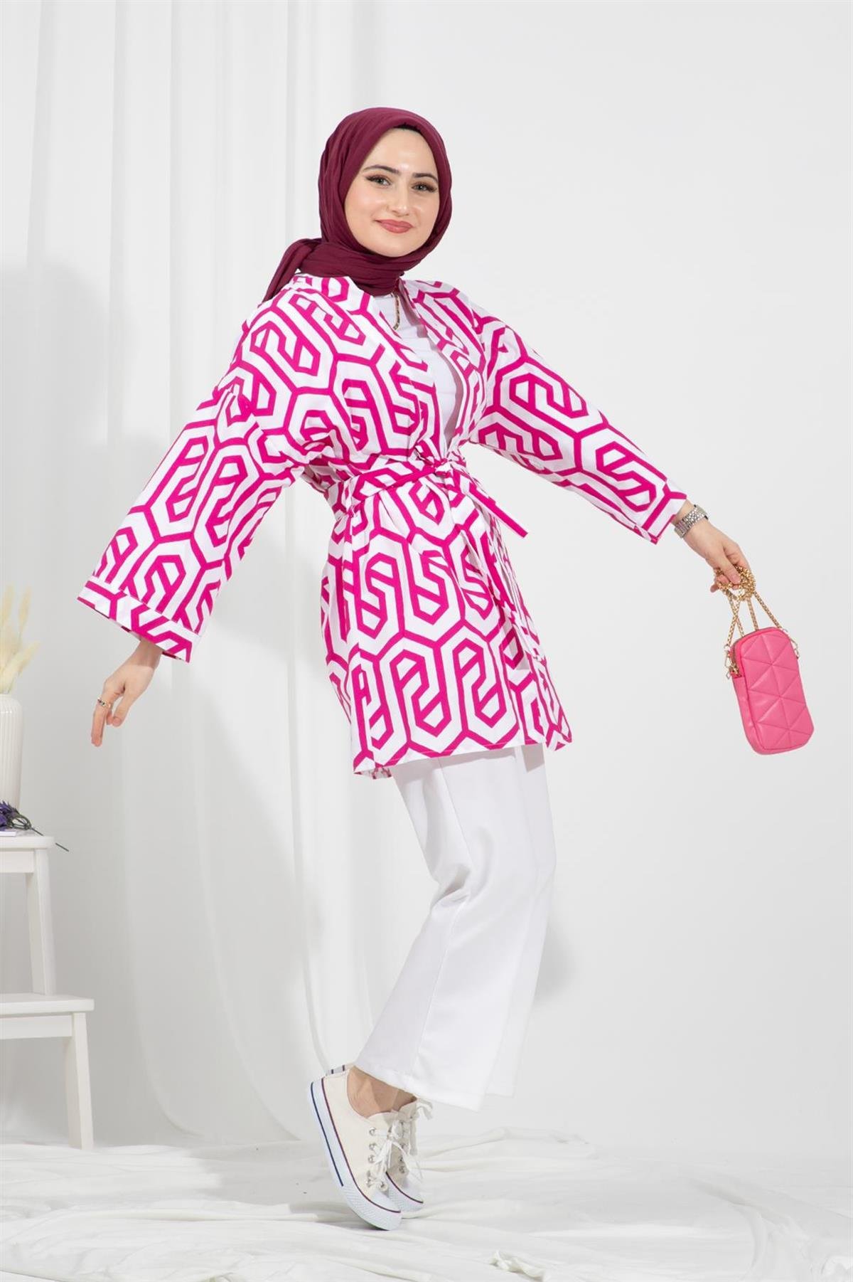 Belden Kemerli Kimono-fuşya