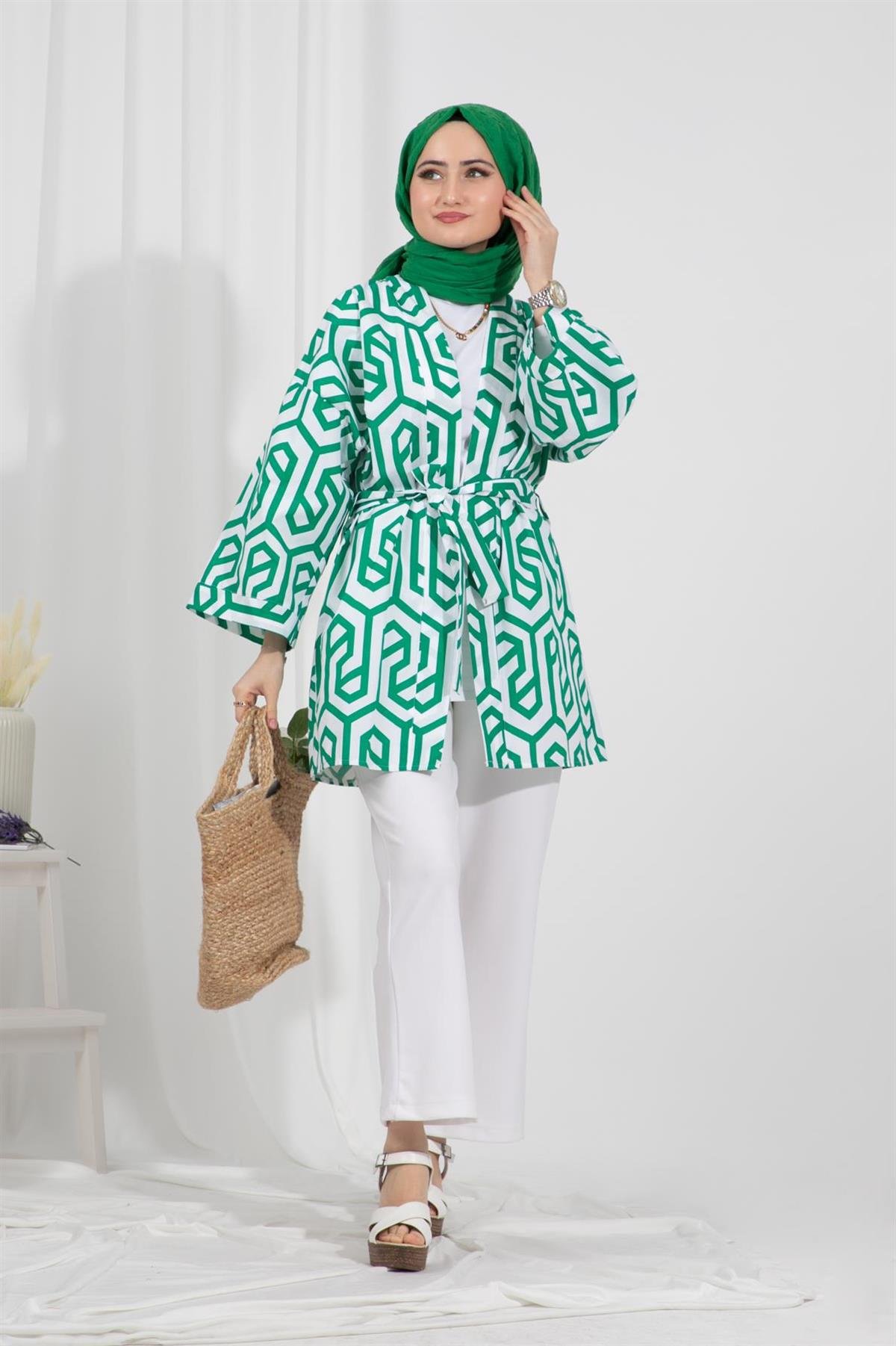 Belden Kemerli Kimono-Yeşil