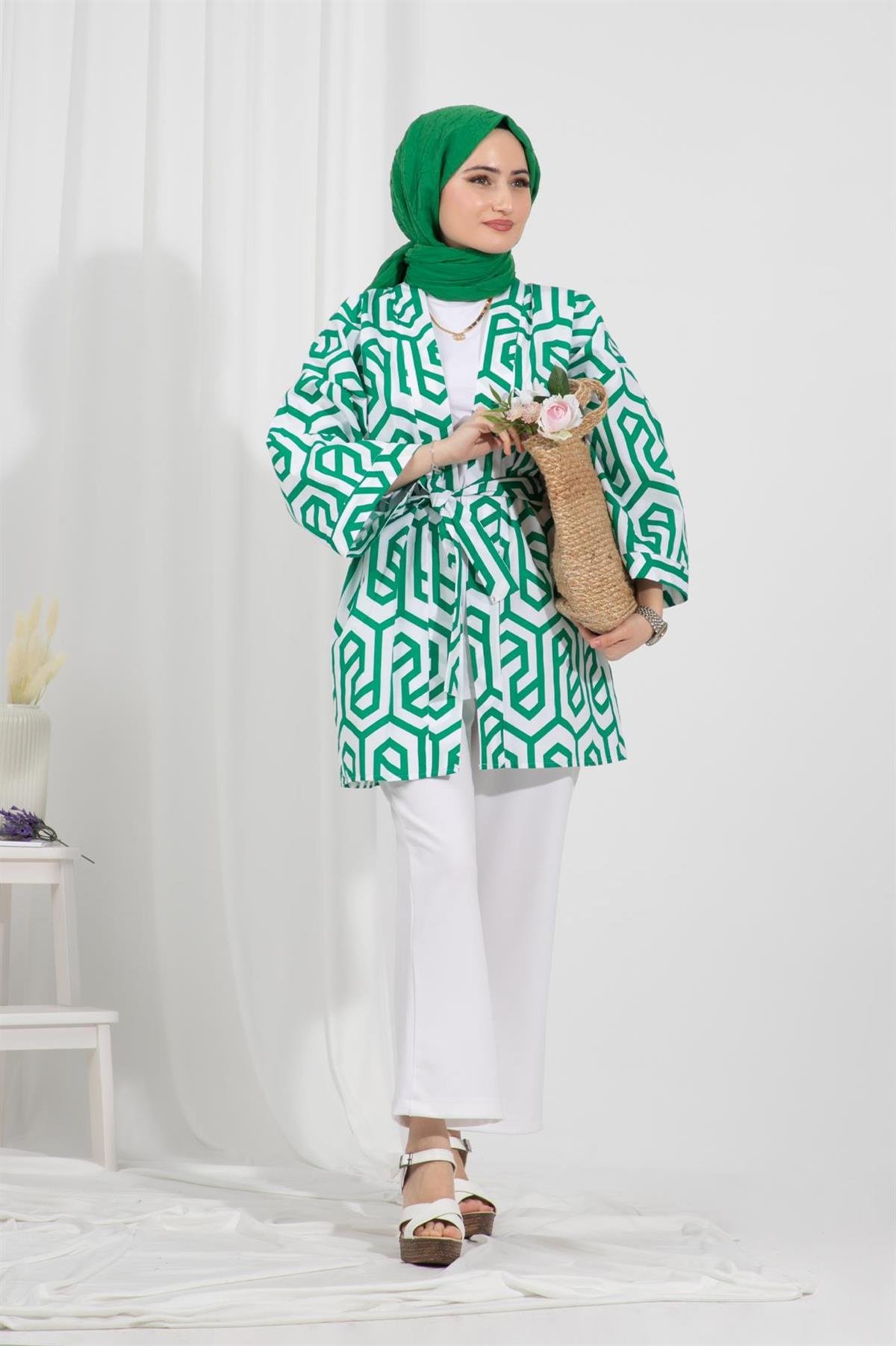 Belden Kemerli Kimono-Yeşil