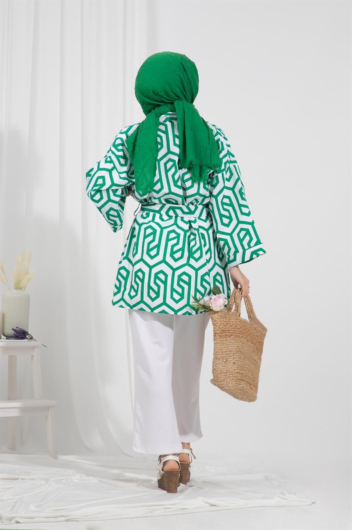 Belden Kemerli Kimono-Yeşil