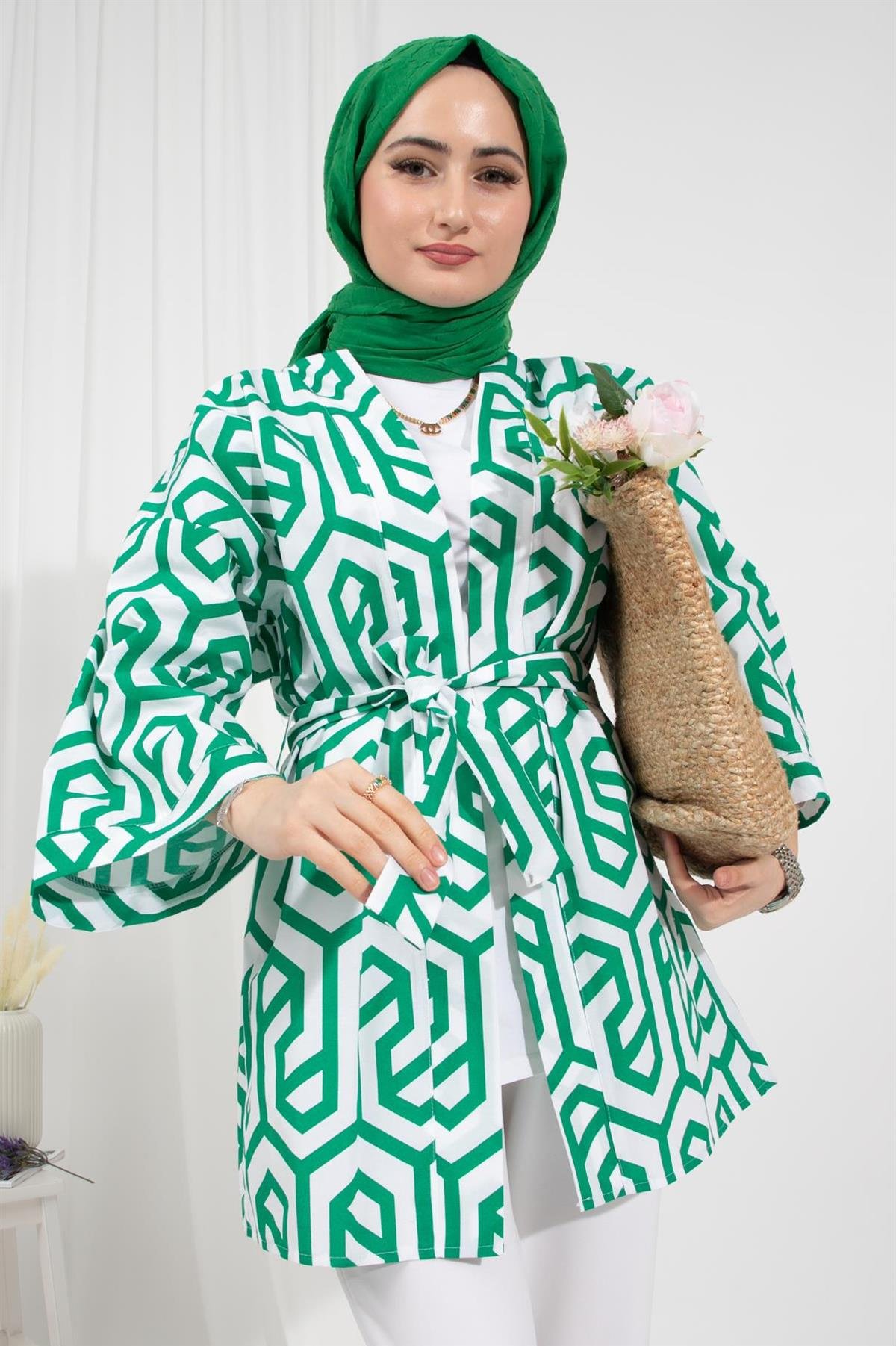 Belden Kemerli Kimono-Yeşil