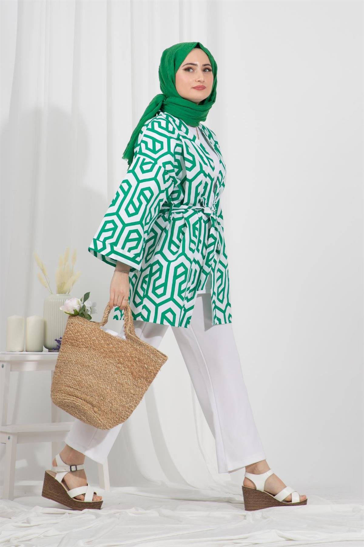 Belden Kemerli Kimono-Yeşil