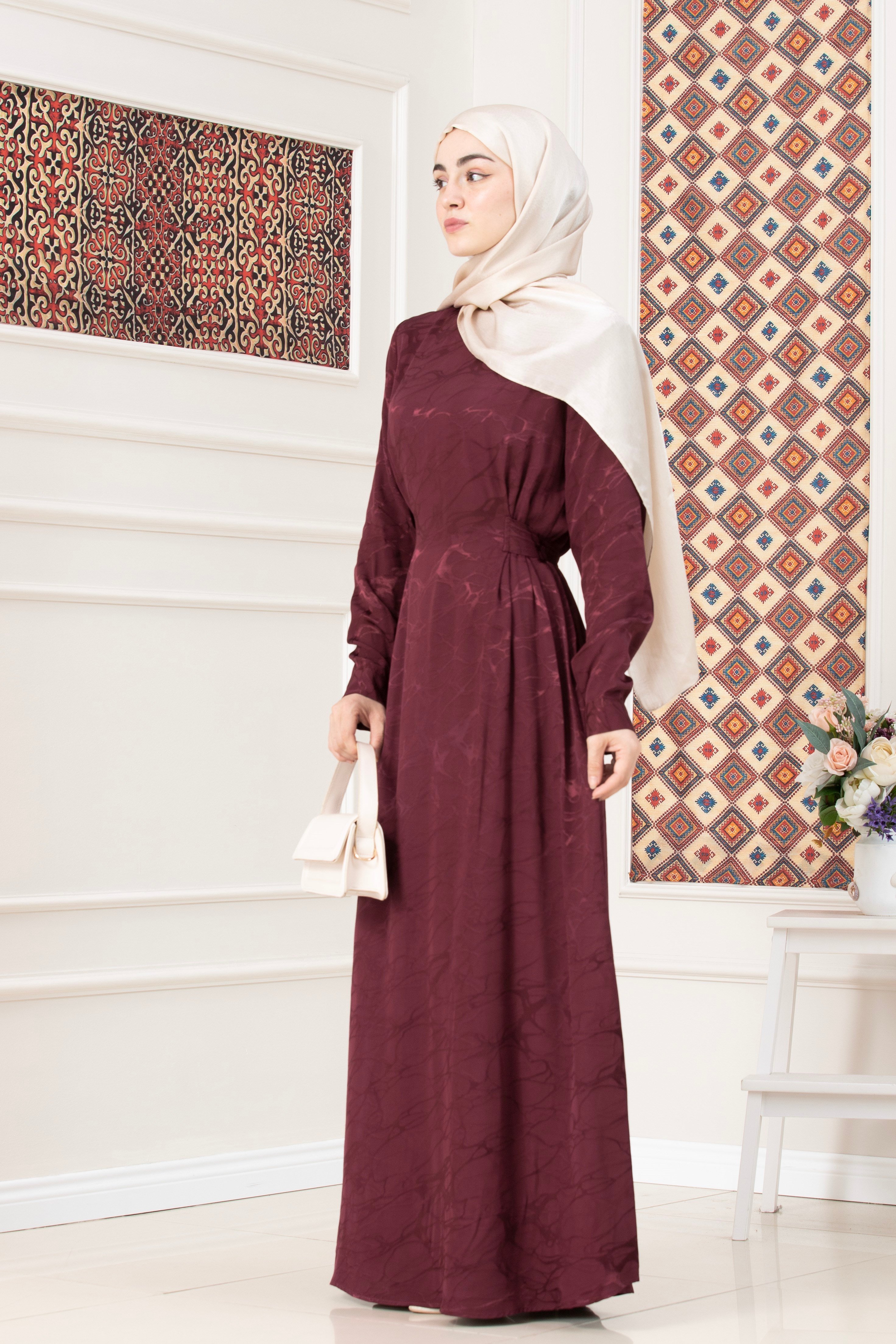 Beli Bağlamalı Jakar Abiye Elbise-BORDO
