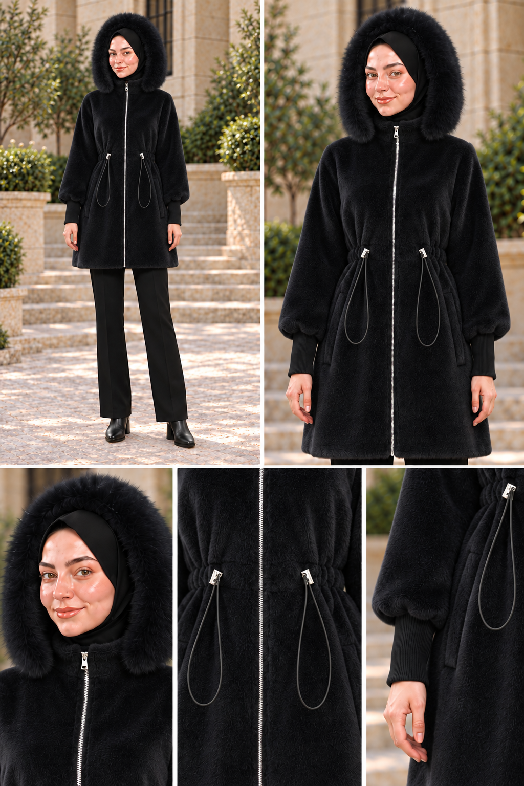 Beli İçten Tünelli Kapüşonlu Kap-SİYAH