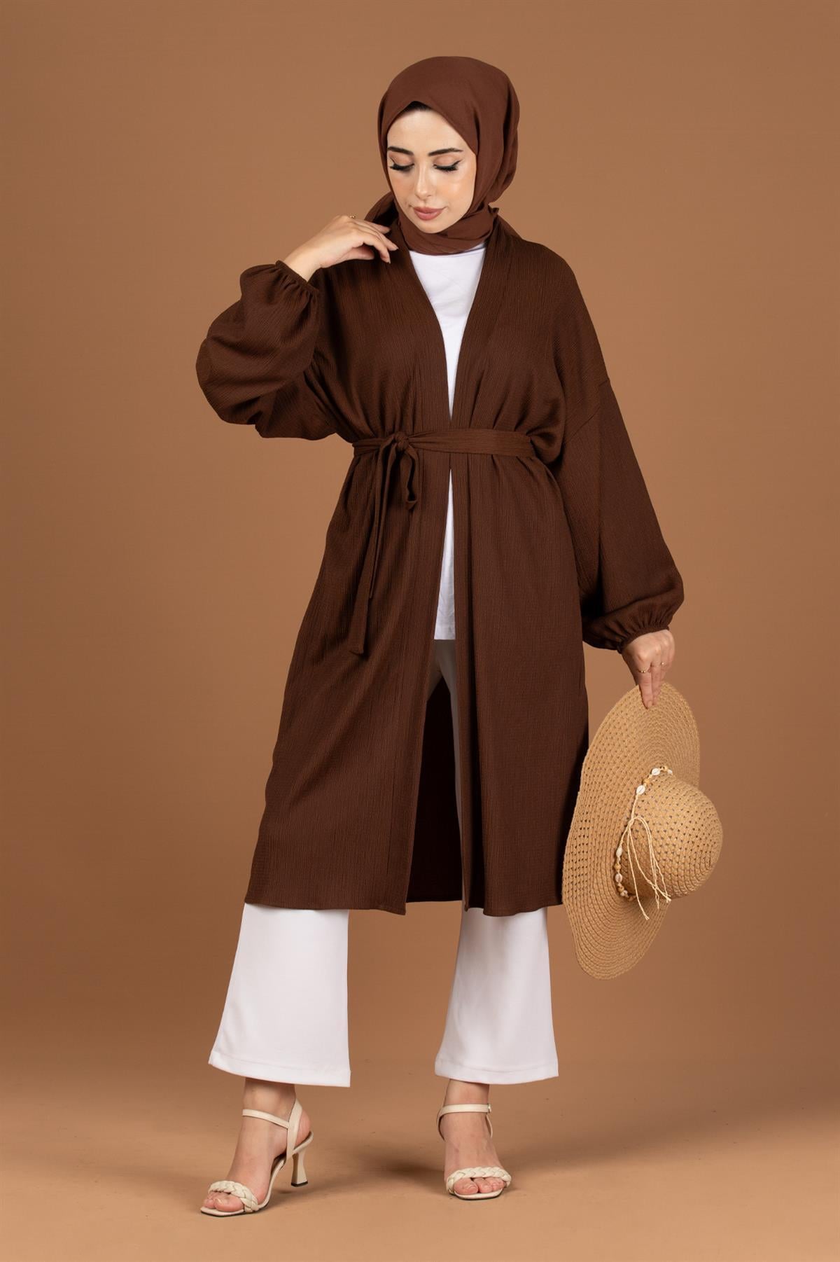 Beli Kemerli Bürümcük Kimono-Kahverengi