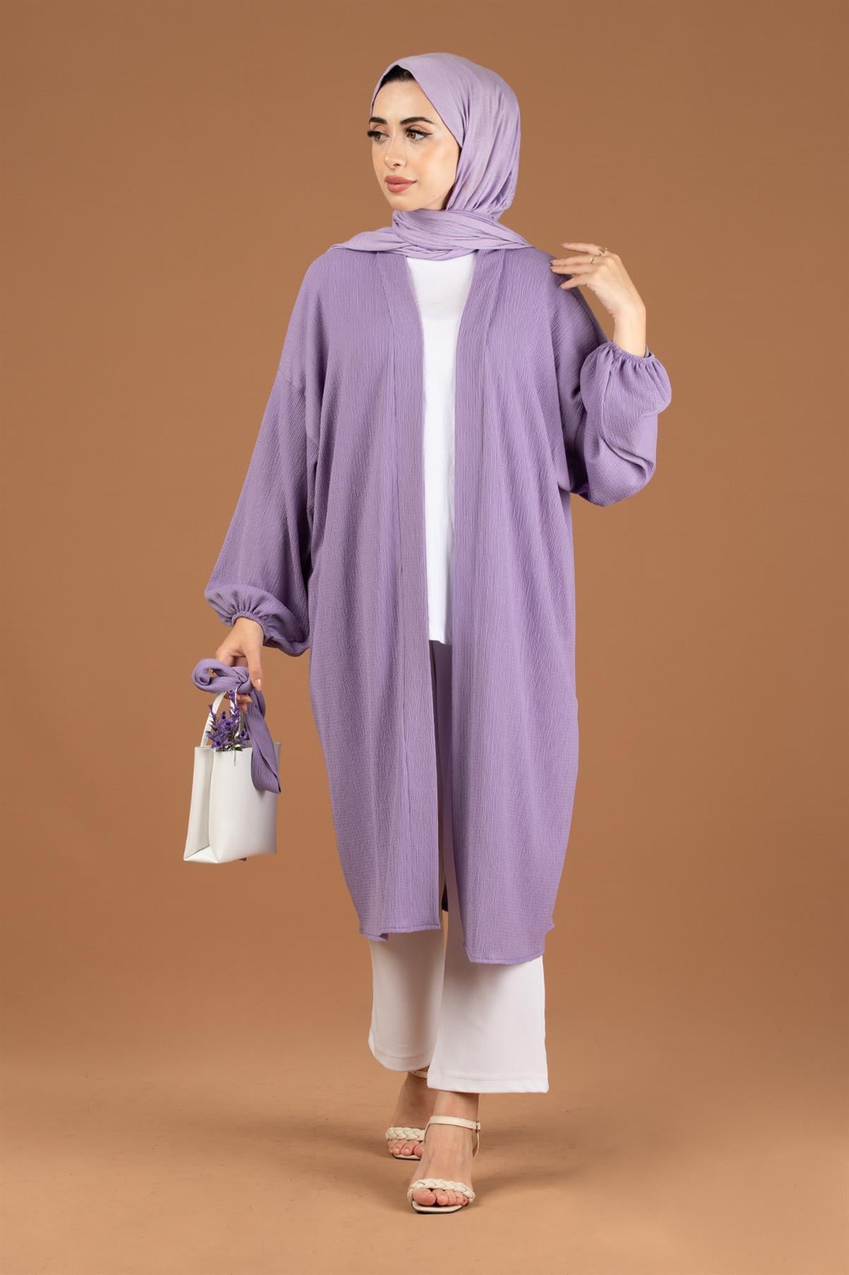 Beli Kemerli Bürümcük Kimono-Lila