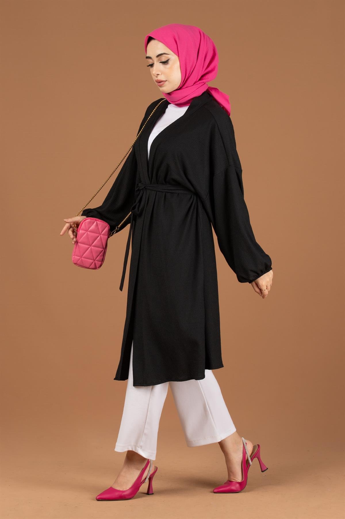 Beli Kemerli Bürümcük Kimono-Siyah