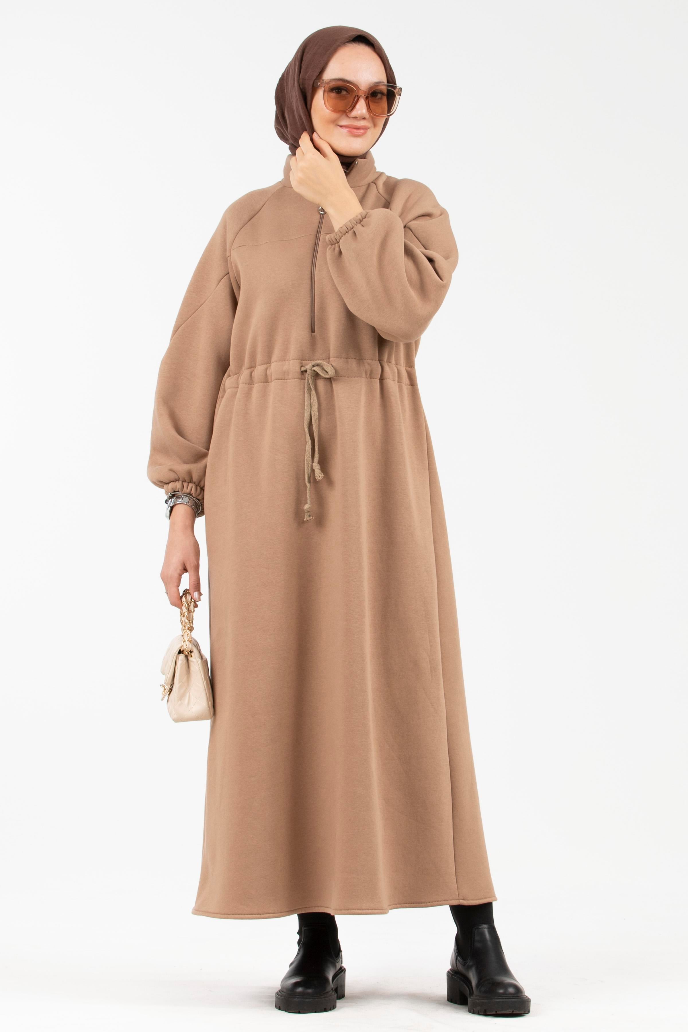 Beli Tünel Şardonlu 3 İplik Elbise-Camel