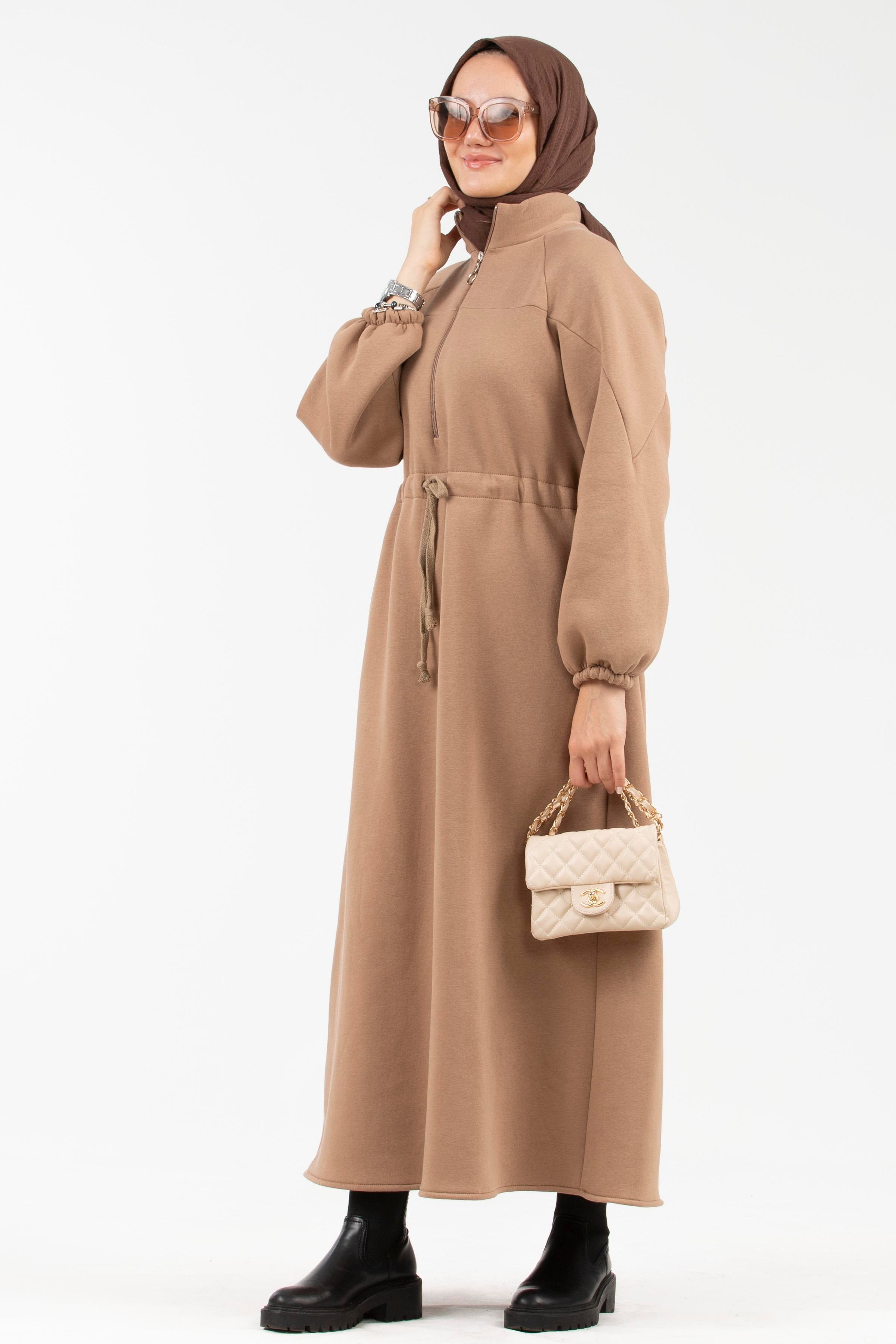 Beli Tünel Şardonlu 3 İplik Elbise-Camel