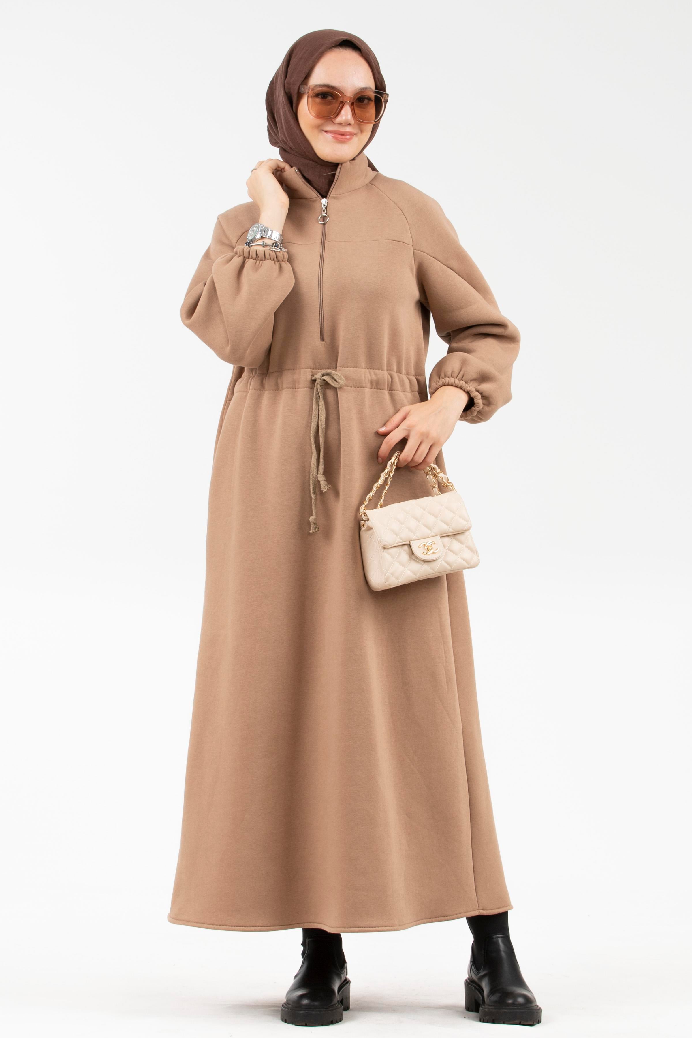 Beli Tünel Şardonlu 3 İplik Elbise-Camel