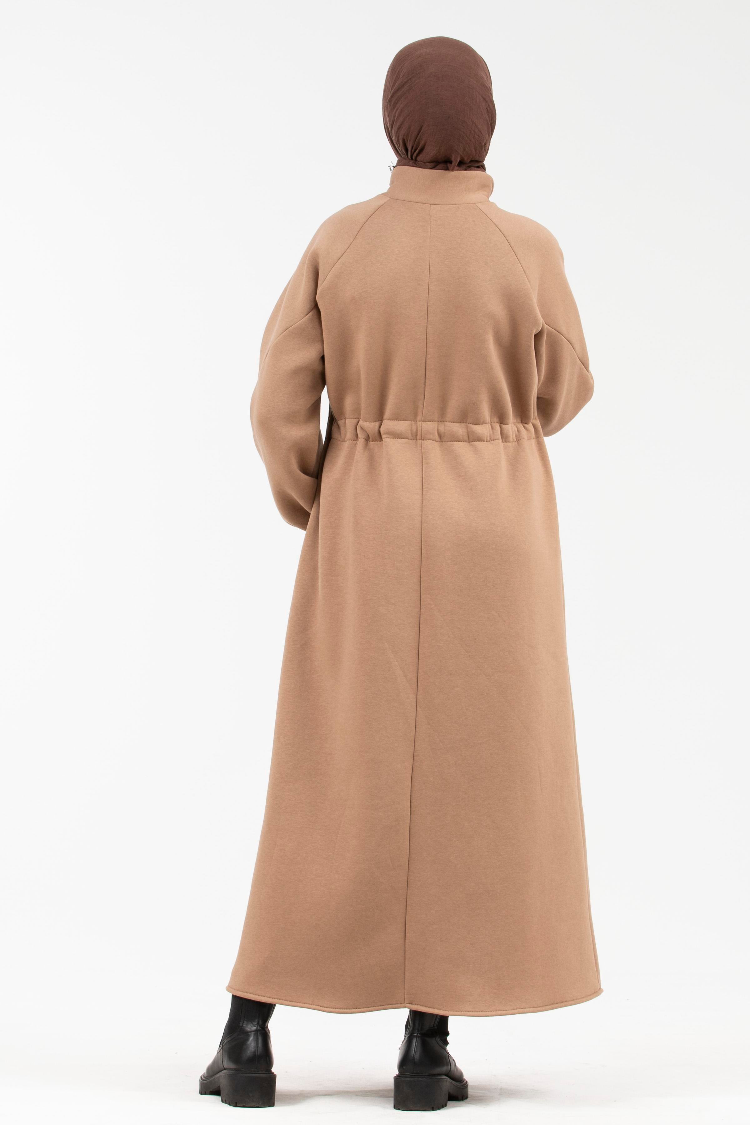Beli Tünel Şardonlu 3 İplik Elbise-Camel