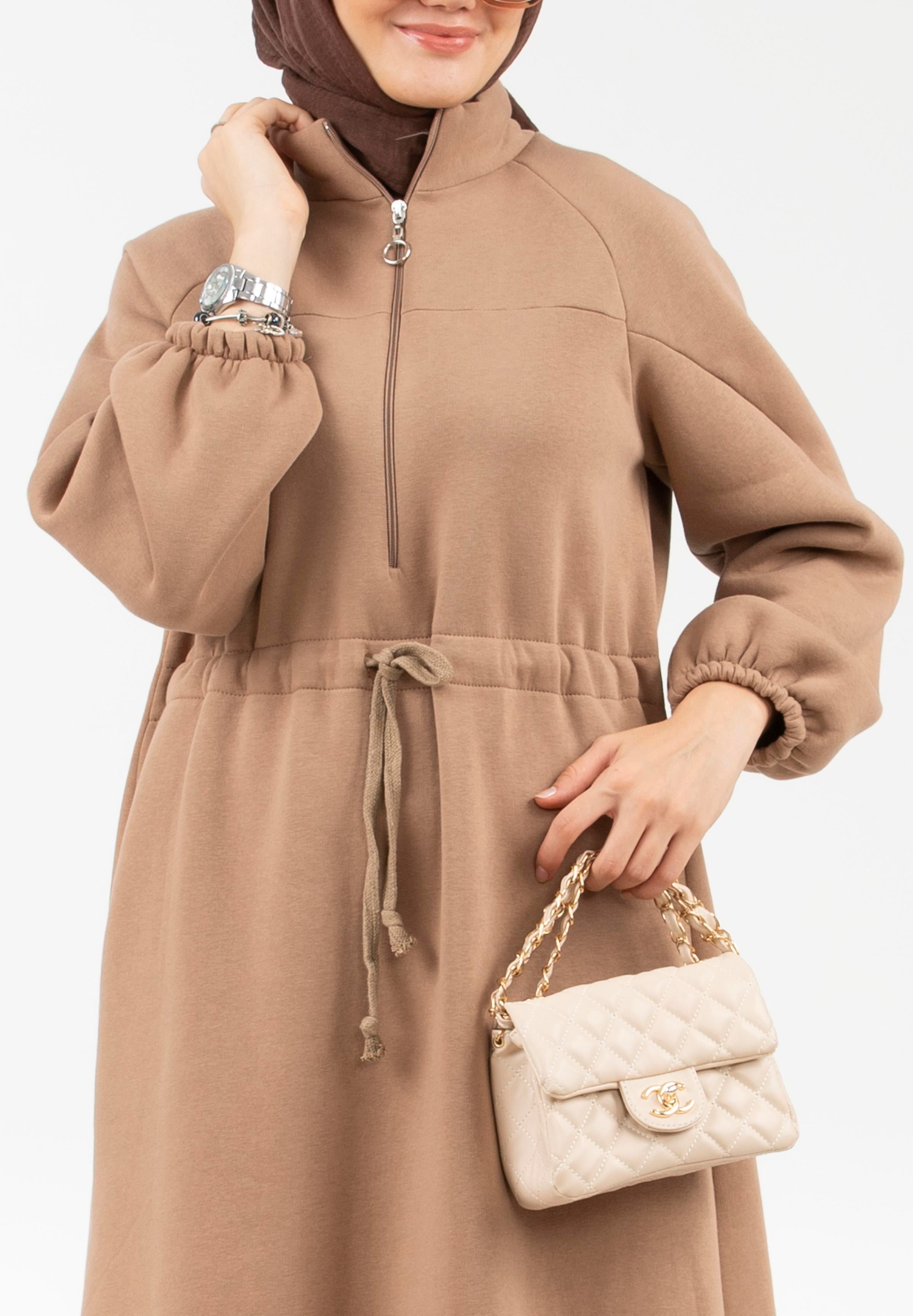 Beli Tünel Şardonlu 3 İplik Elbise-Camel