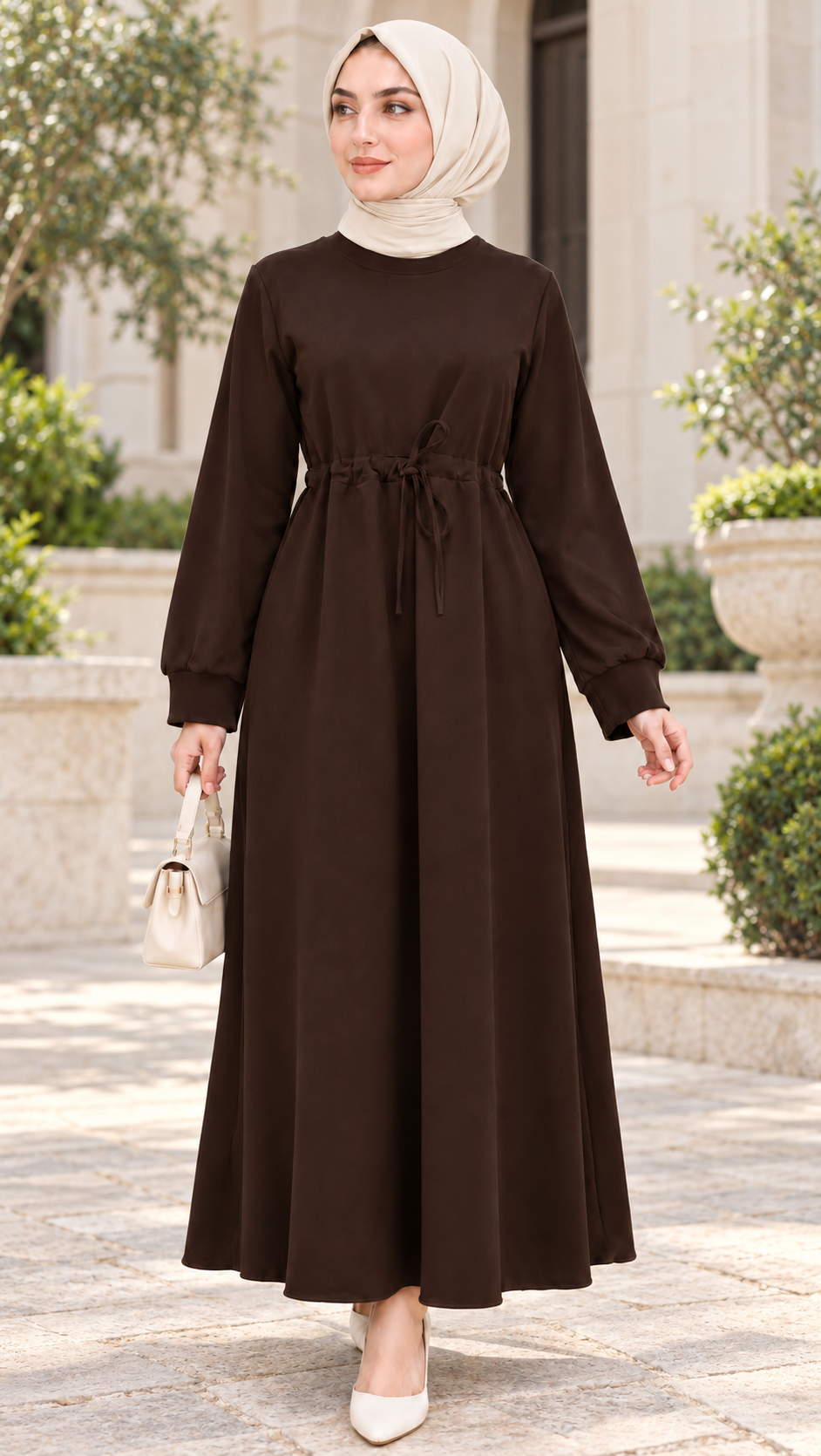 Dress with belt at the waist - Brown Color